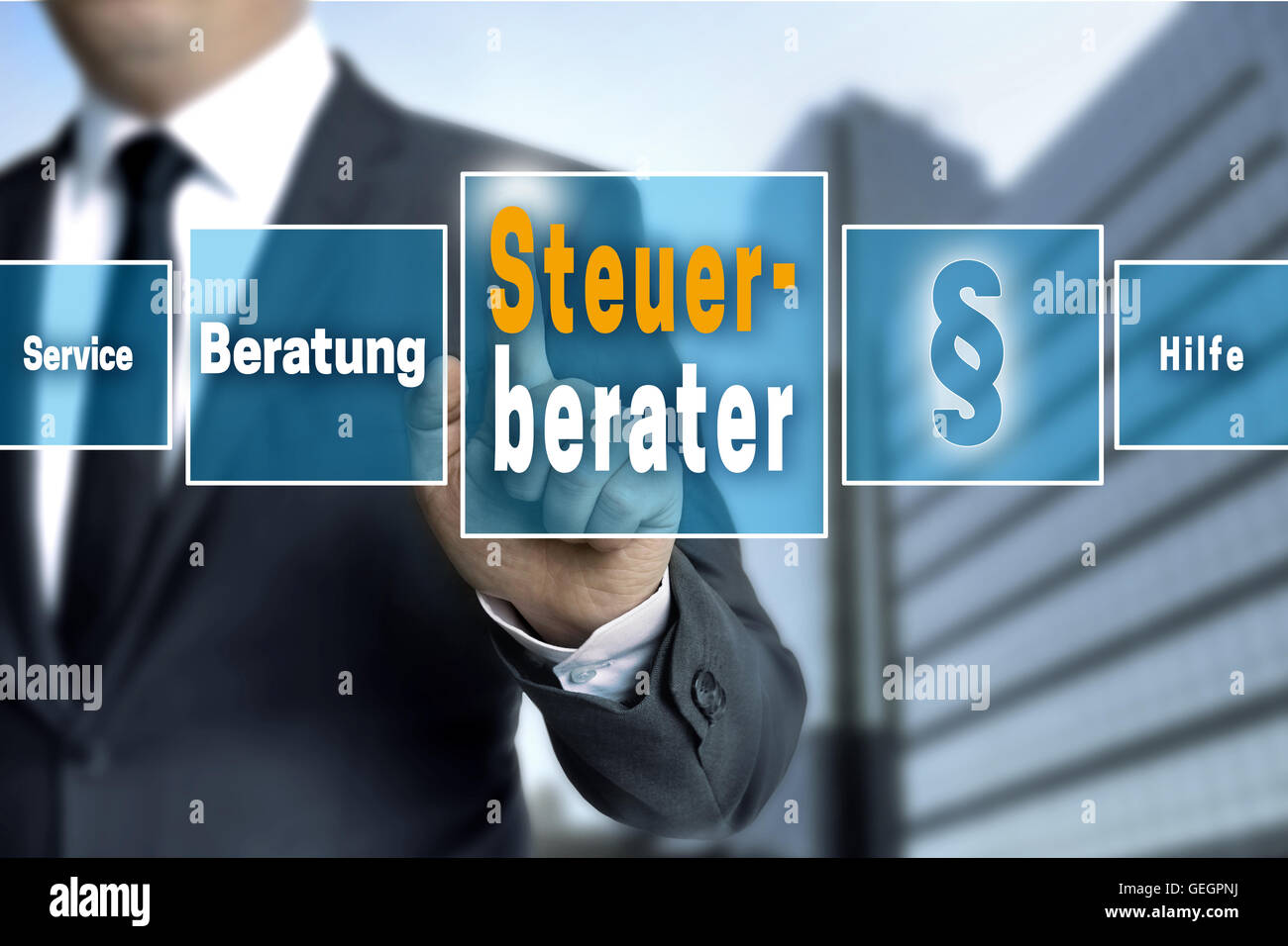 Steuerberater (in deutscher Sprache, Steuerberater, Service, Hilfe, Beratung) Touchscreen Konzept Hintergrund. Stockfoto