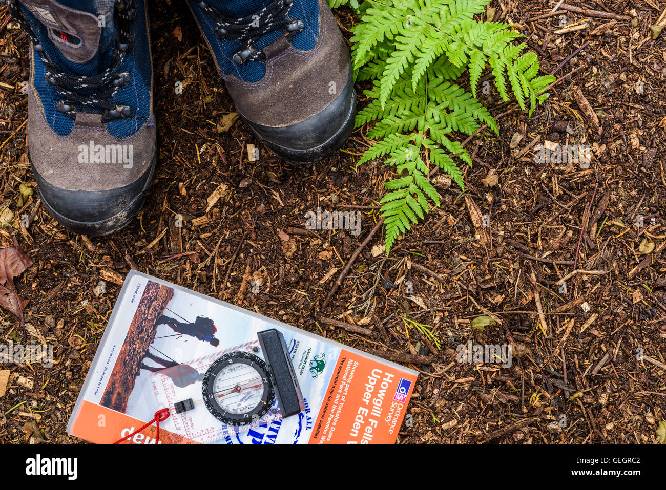 Paar Wanderstiefel mit Karte und Kompass, auf einem Waldboden. Luftaufnahme von oben. Stockfoto