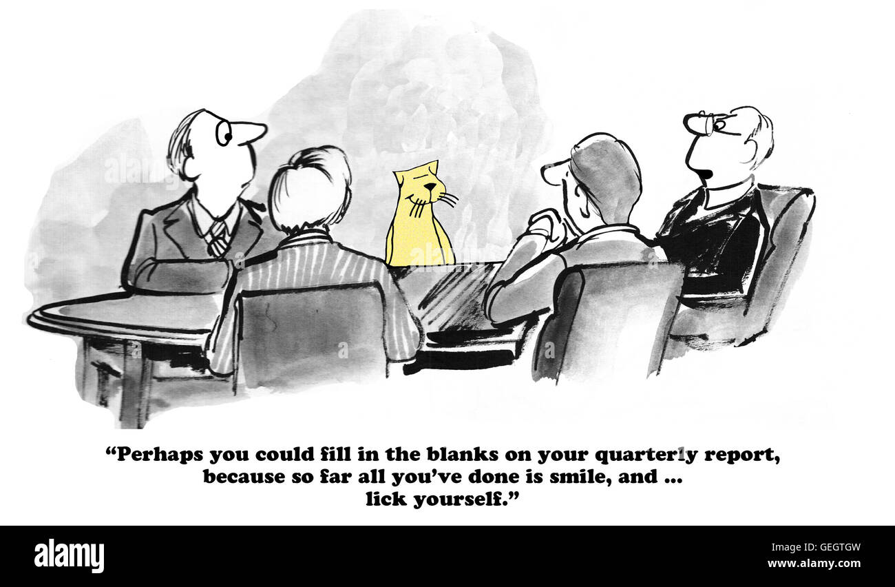Geschäftliche Cartoon über Ausfüllen von einem Quartalsbericht nicht pünktlich. Stockfoto