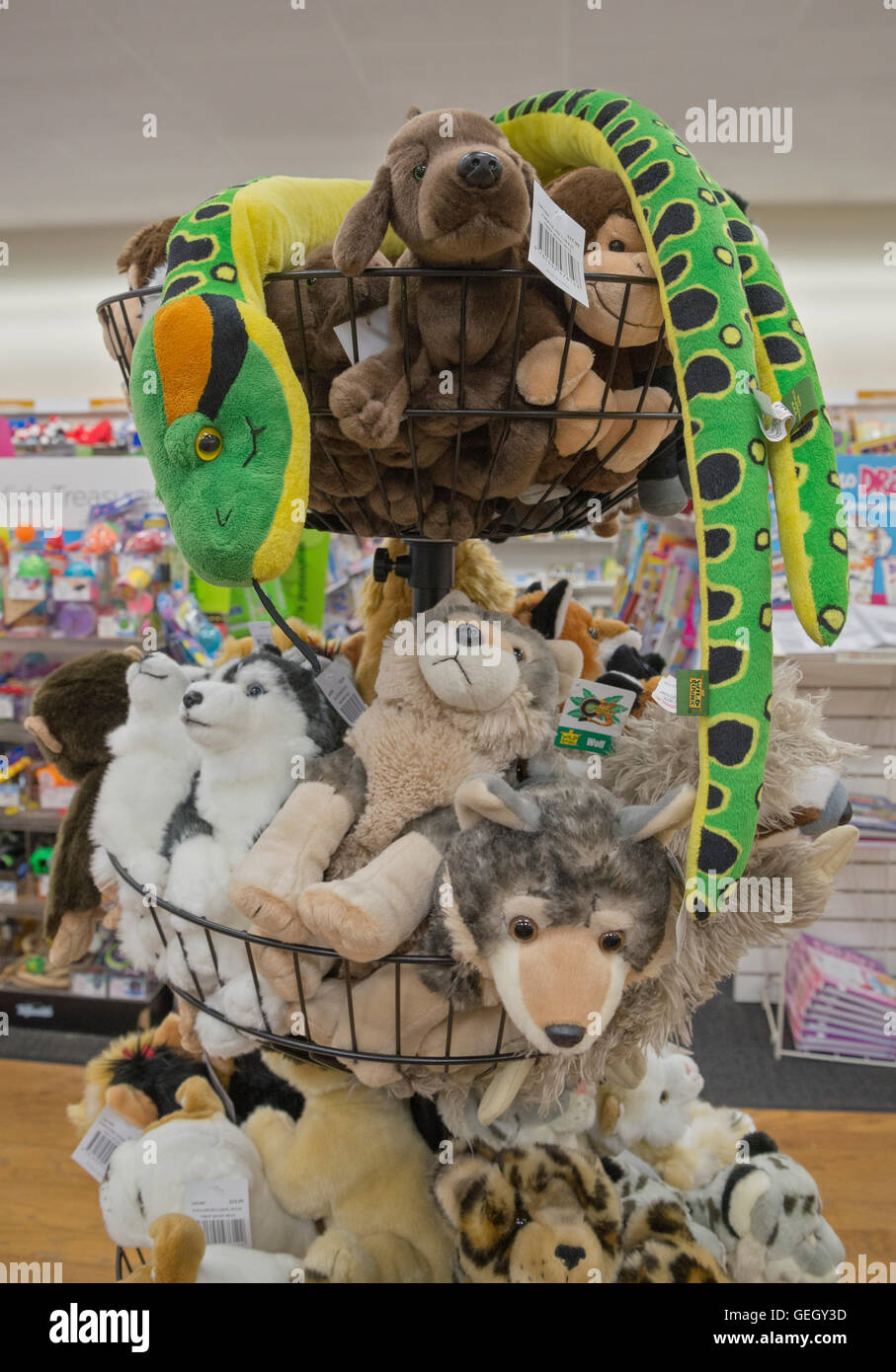 Tierischen Toys für Verkauf in einer Buchhandlung. Stockfoto