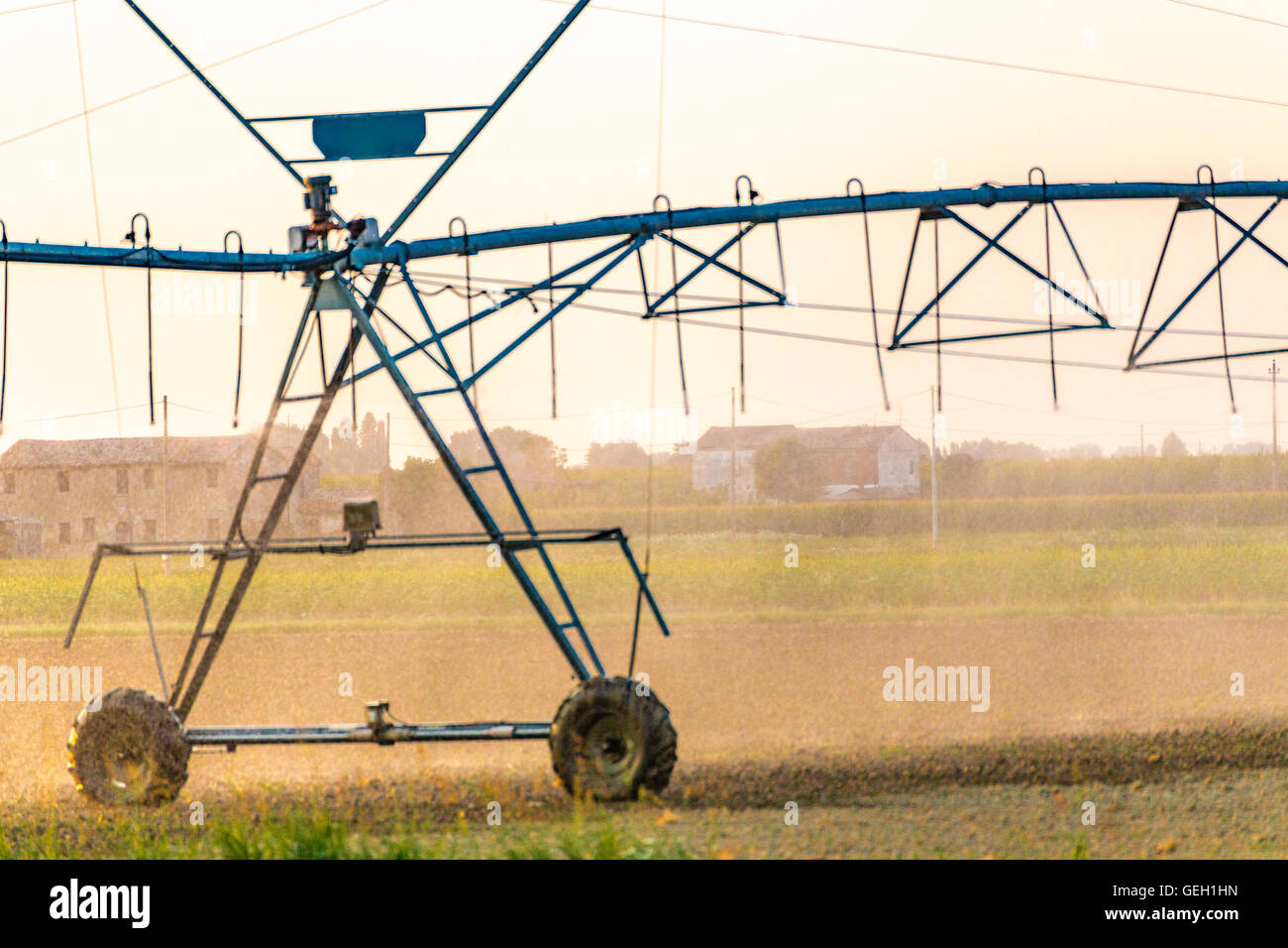 Pivot-Sprinkler-System neu gesäte Pflanzen gießen Stockfoto