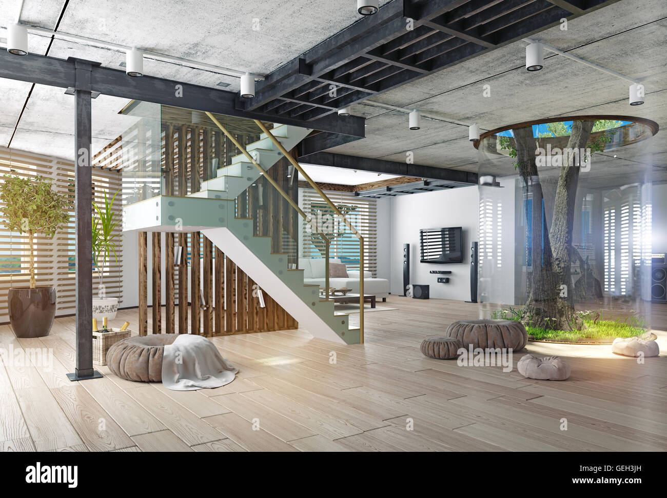 Öko-Design des modernen Interieurs. Real lebenden Baum indoor. 3D-Konzept Stockfoto