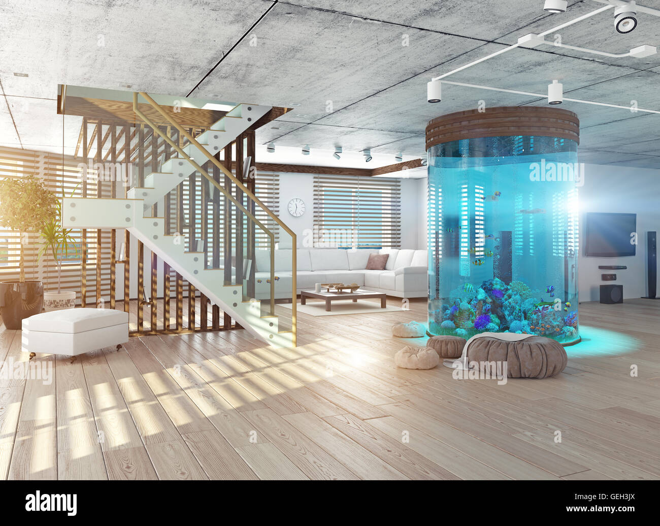 Das moderne Loft-Interieur mit Aquarium. 3D-Konzept Stockfoto