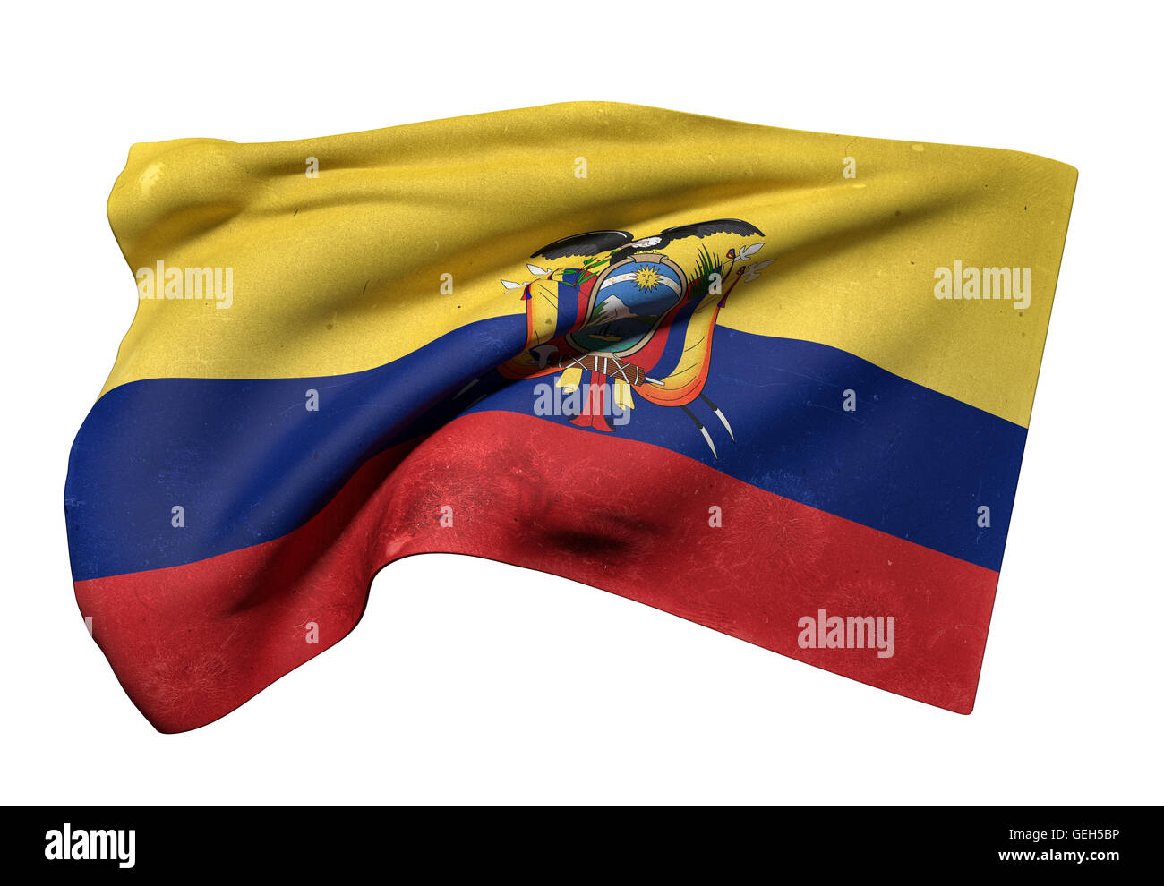 3D-Rendering ein alten und schmutzigen Republik Ecuador Fahnenschwingen auf weißem Hintergrund Stockfoto