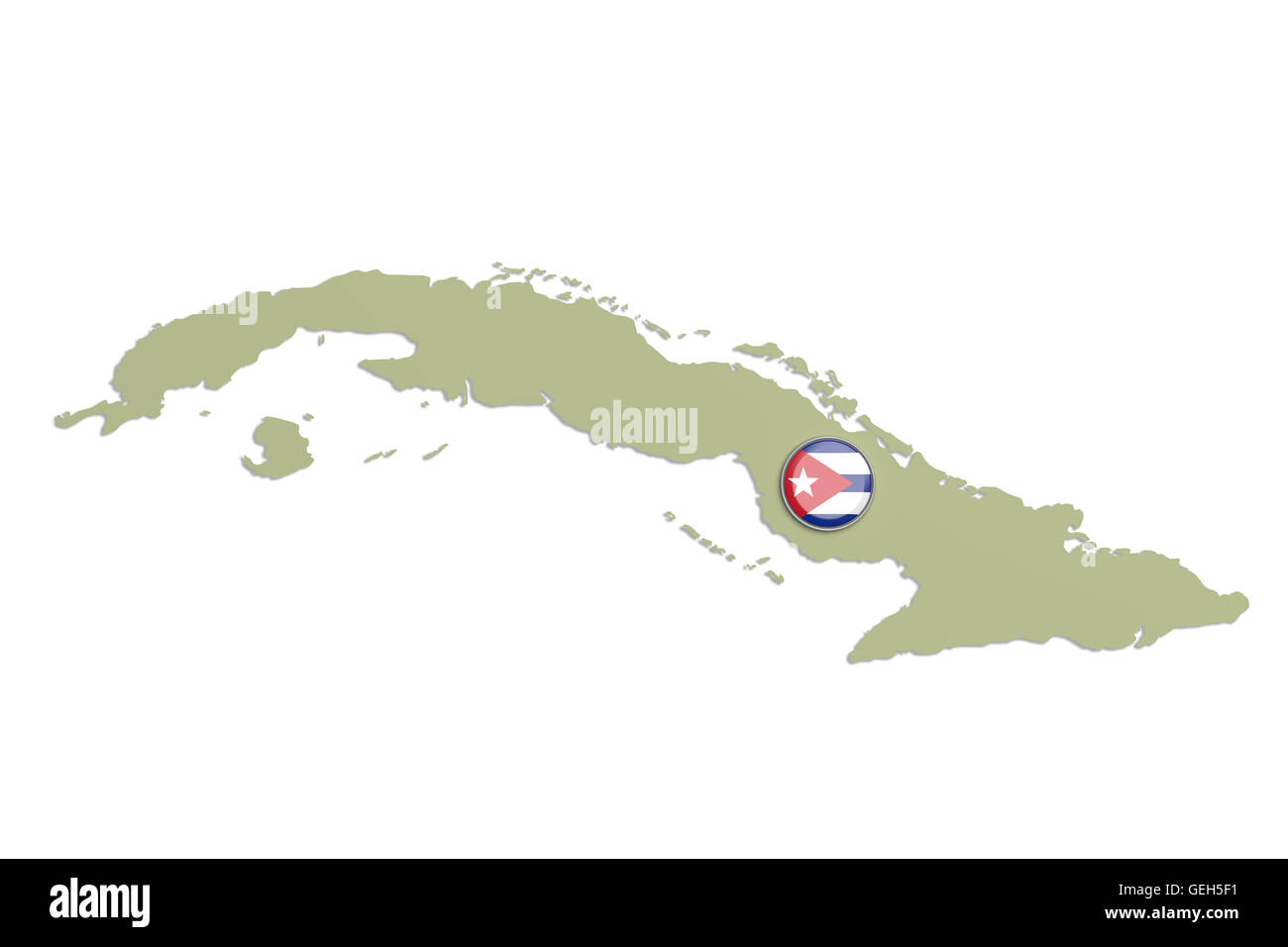 3D Rendering von Kuba Karte und Knopf mit Fahne auf weißem Hintergrund Stockfoto