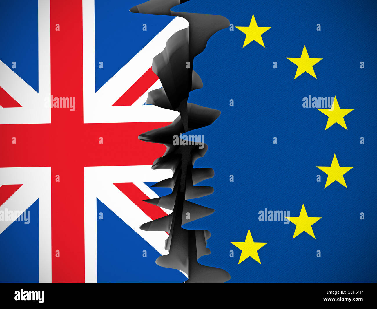 Britische und Europäische Union Flaggen durch getrennt zu knacken. Stockfoto