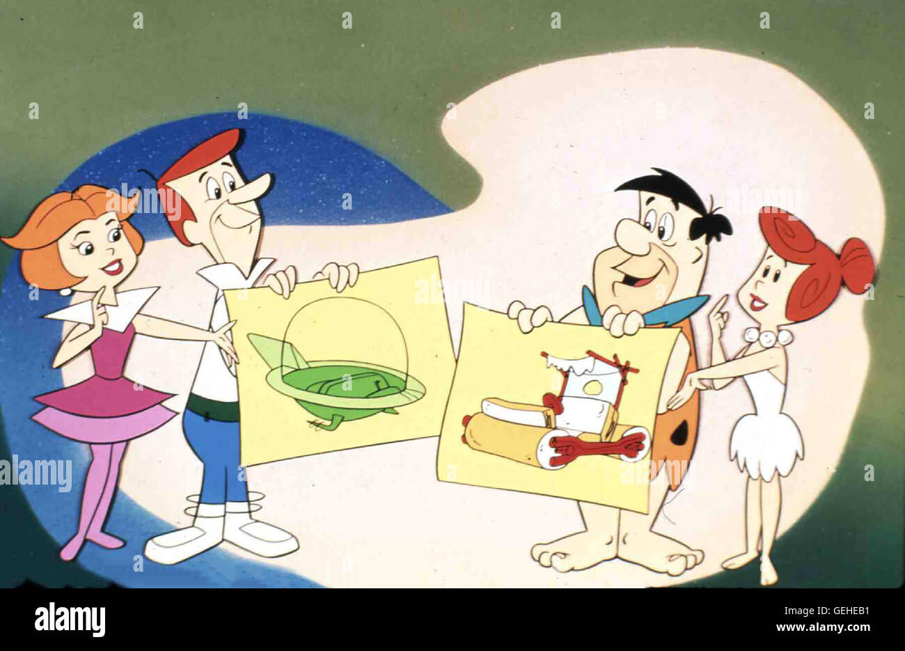 Mit Einer Zeitmaschine Landen die Jetsons in der Steinzeit Bei Den Flintstones. Lokalen Caption *** 1987, Jetsons treffen die Flintstones, Die Jetsons Treffen Die Flintstones Stockfoto