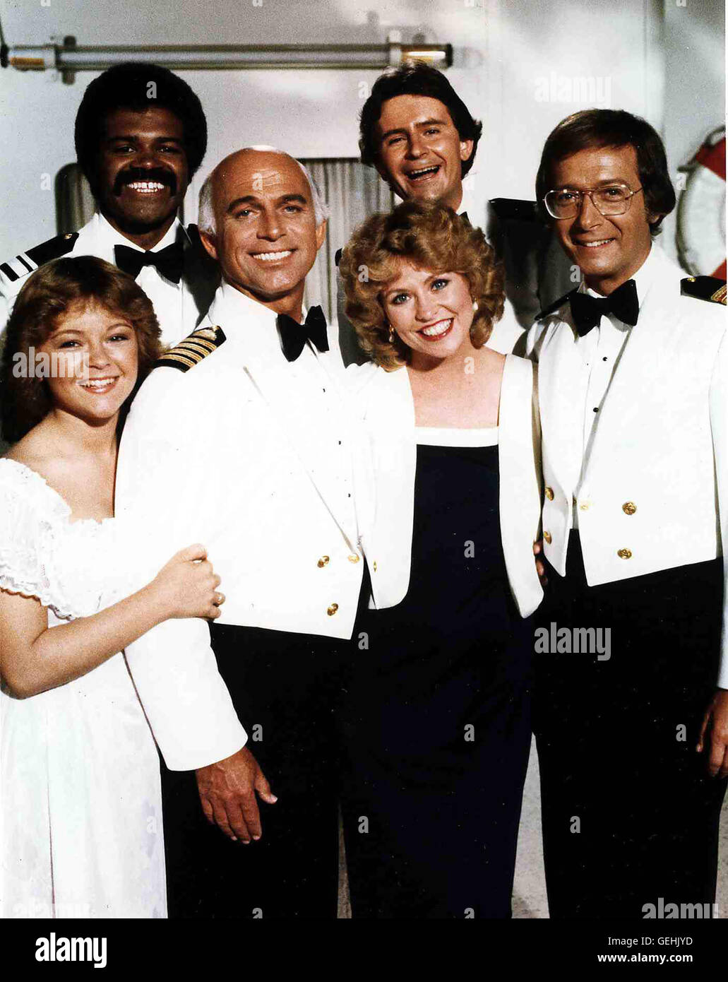 Jill Wheelan, Ted Lange, Gavin McLeod, Lauren Tewes, Fred Grandy, Bernie Kopell *** lokalen Caption *** 1977, Love Boat, Love Boat Stockfoto