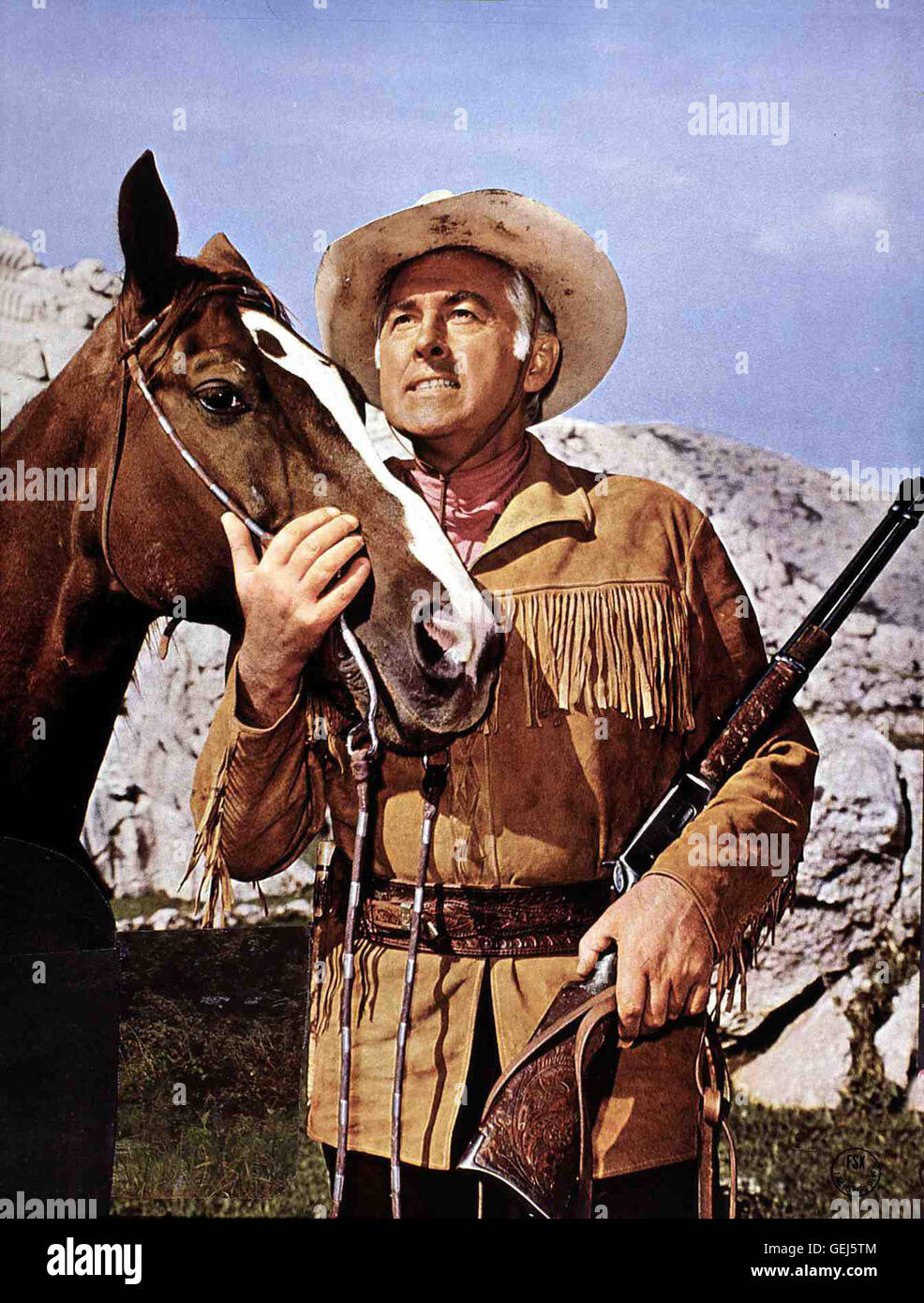 Stewart Granger Nur Muehsam Gelingt es Old Surehand (Stewart Granger), Old Wabble Haeuptling Davon Abzuhalten, Das Kriegsbeil Auzugraben.   Lokalen Caption *** 1965, Old Surehand, Old Surehand Stockfoto