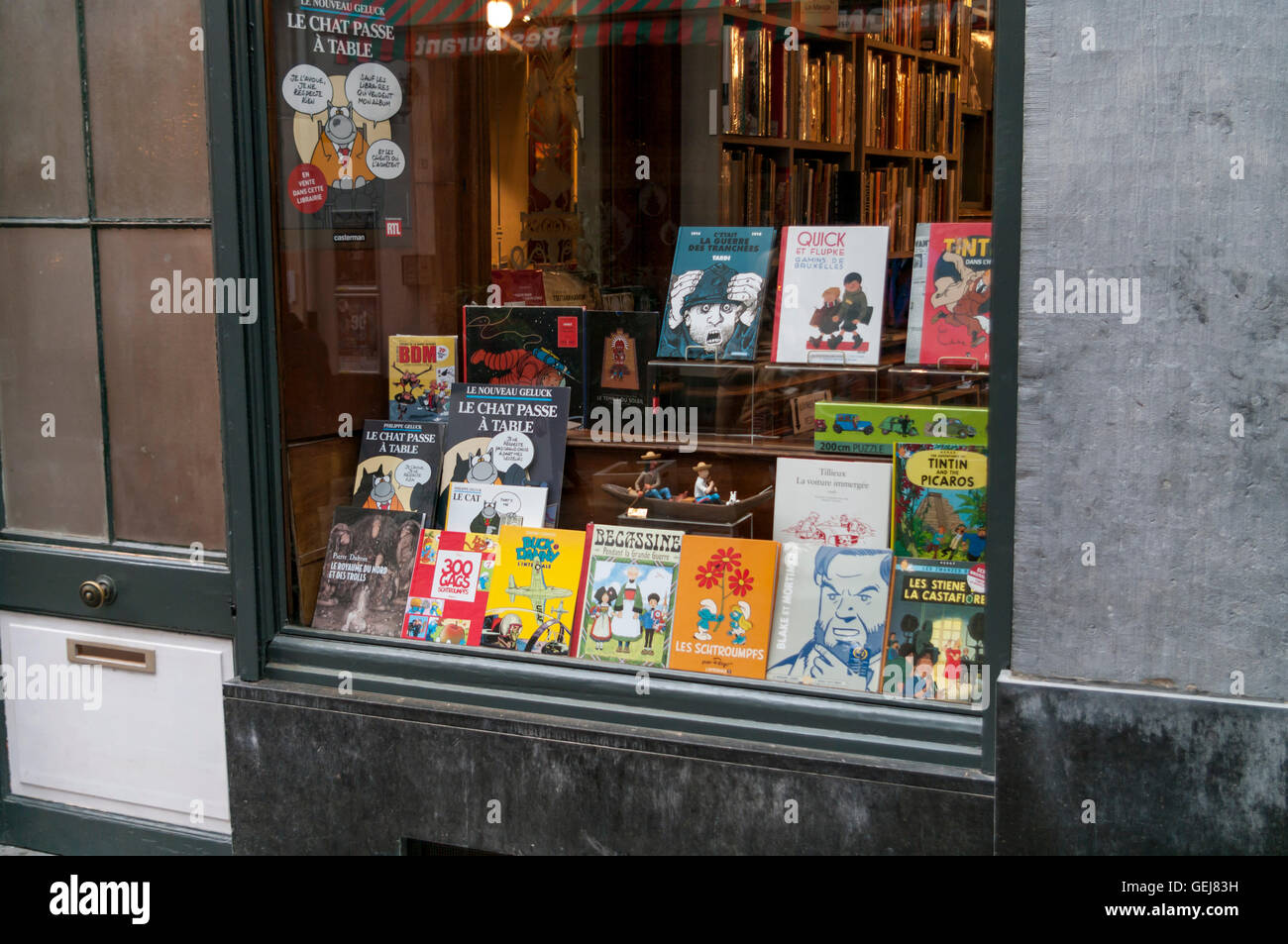 Verschiedenen belgischen Comic-Bücher auf dem Display in einem Schaufenster in Brüssel. Stockfoto