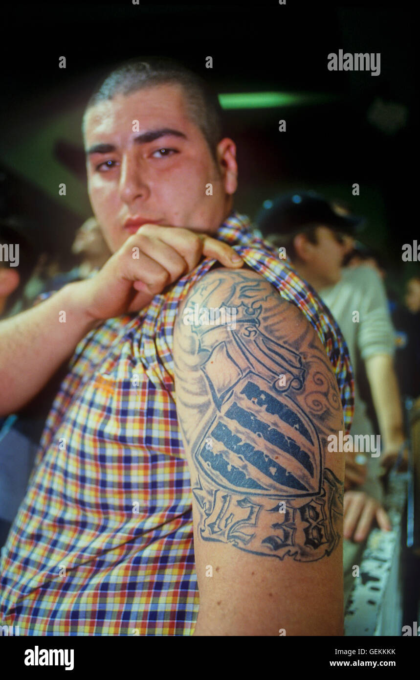 Fan von Valencia CF (Yomus). In Valencia-Stadion. Valencia, Spanien Stockfoto