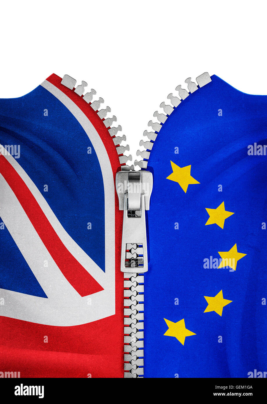 Fahnen mit Reißverschluss Austritt / 3D Illustration des Reißverschlusses aufteilen, UK- und EU-Flaggen Stockfoto