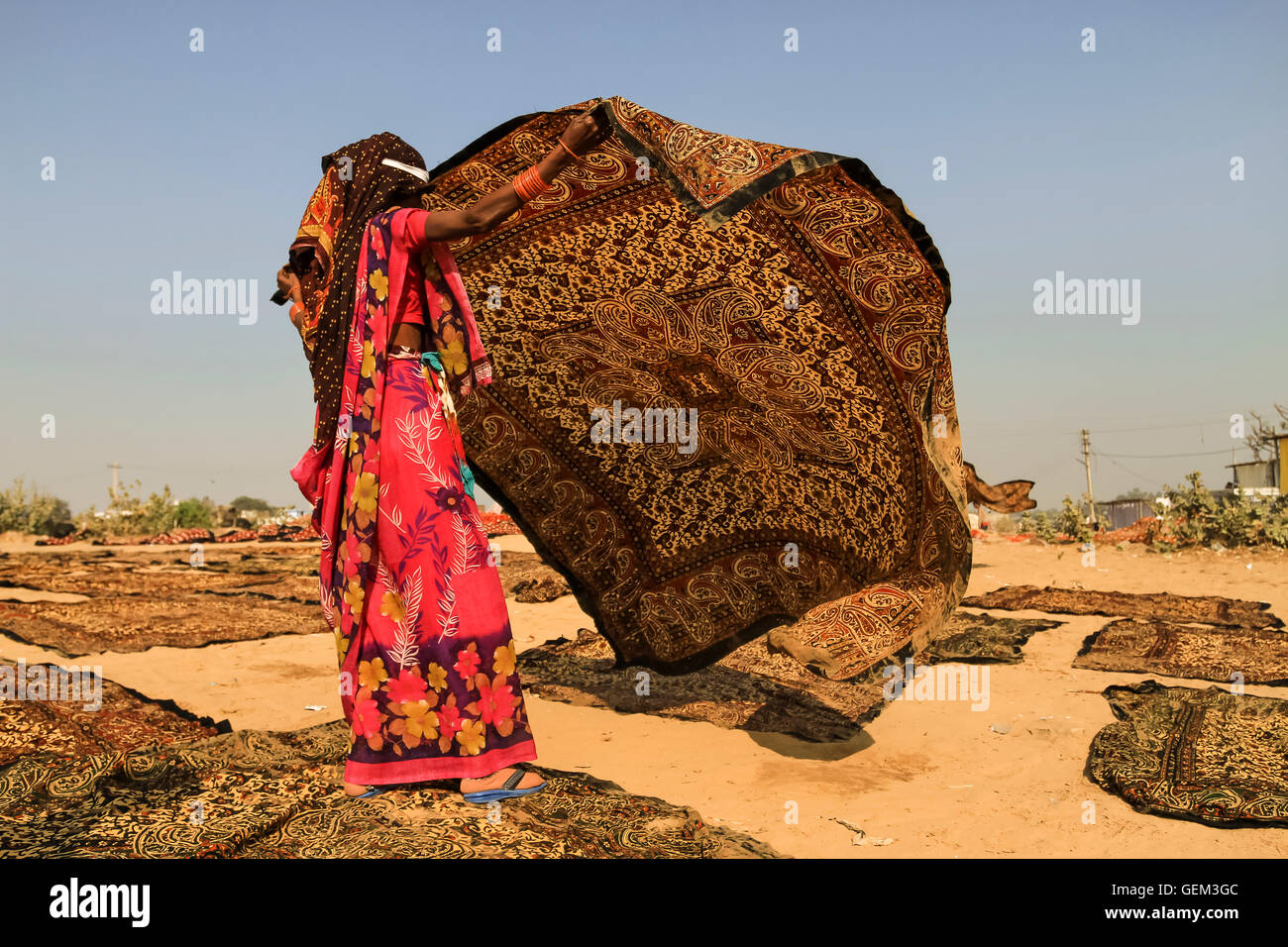 Sanganer, Indien - Januar 2013. Eine Frau Block Abholung Druckstoff aus einem trocknenden Feld Stockfoto