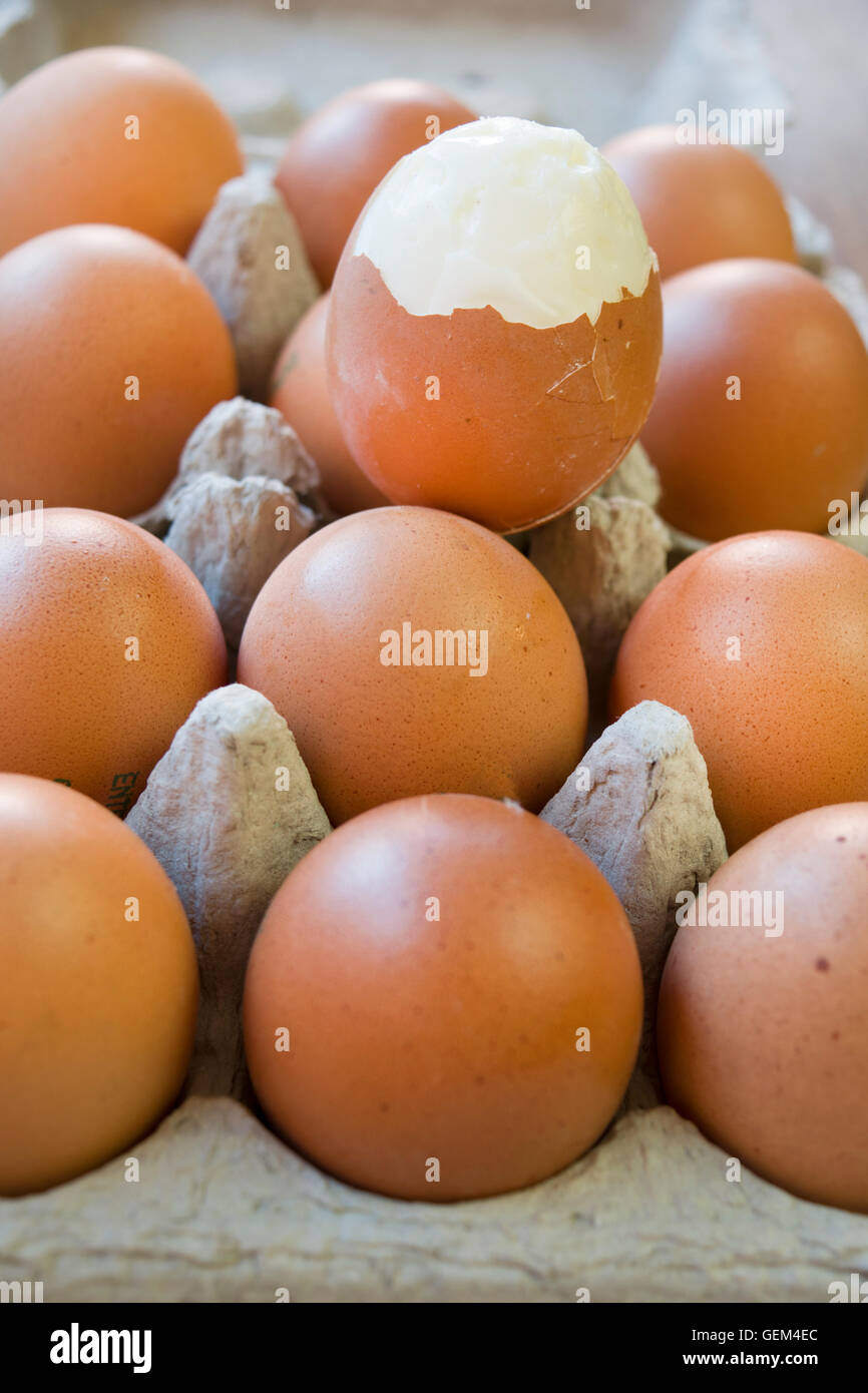 hartgekochten Ei teilweise geschält Stockfoto