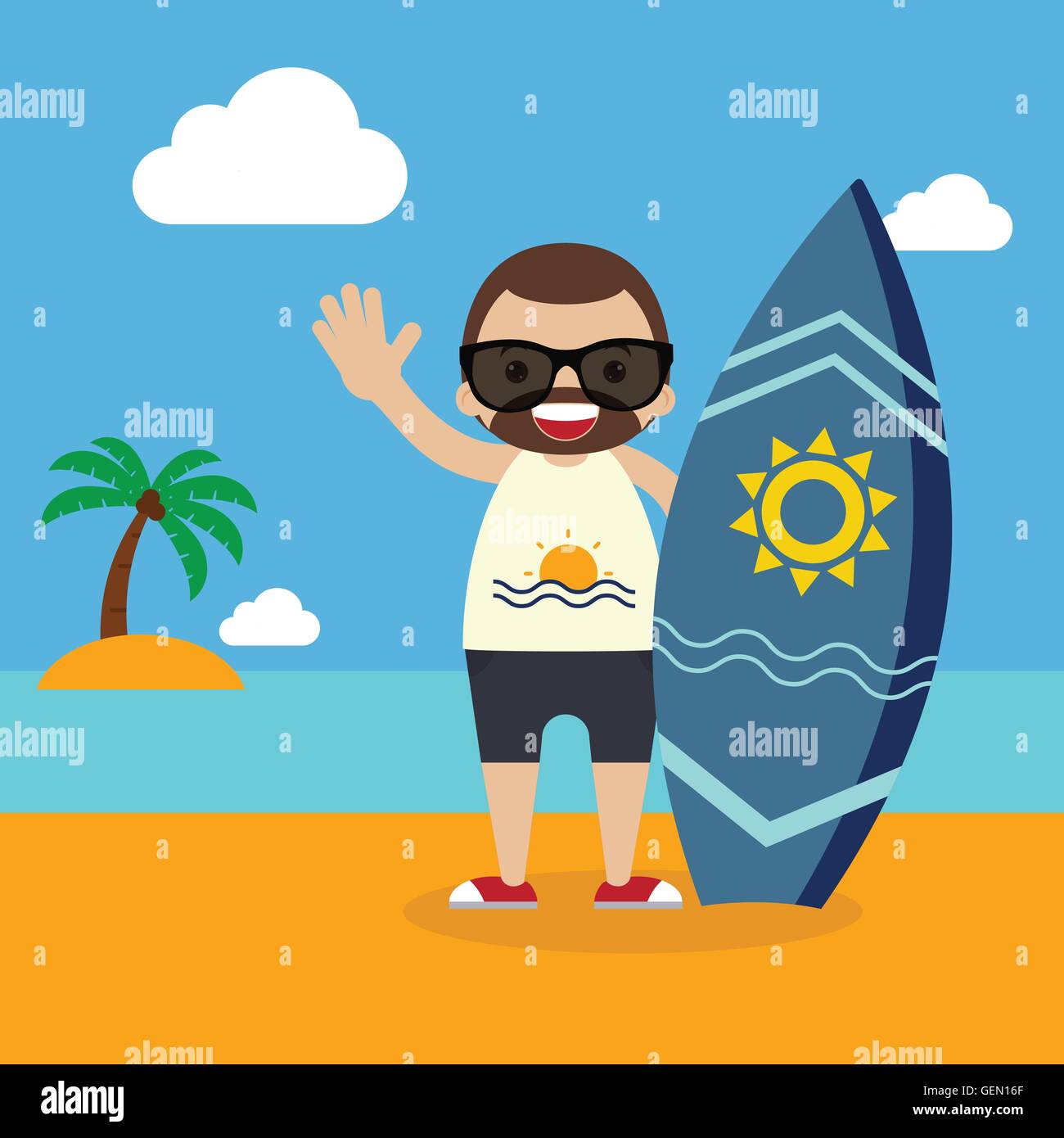Surfer mit Surfbrett auf Sommer-Urlaub-flaches Design-Vektor-illustration Stock Vektor