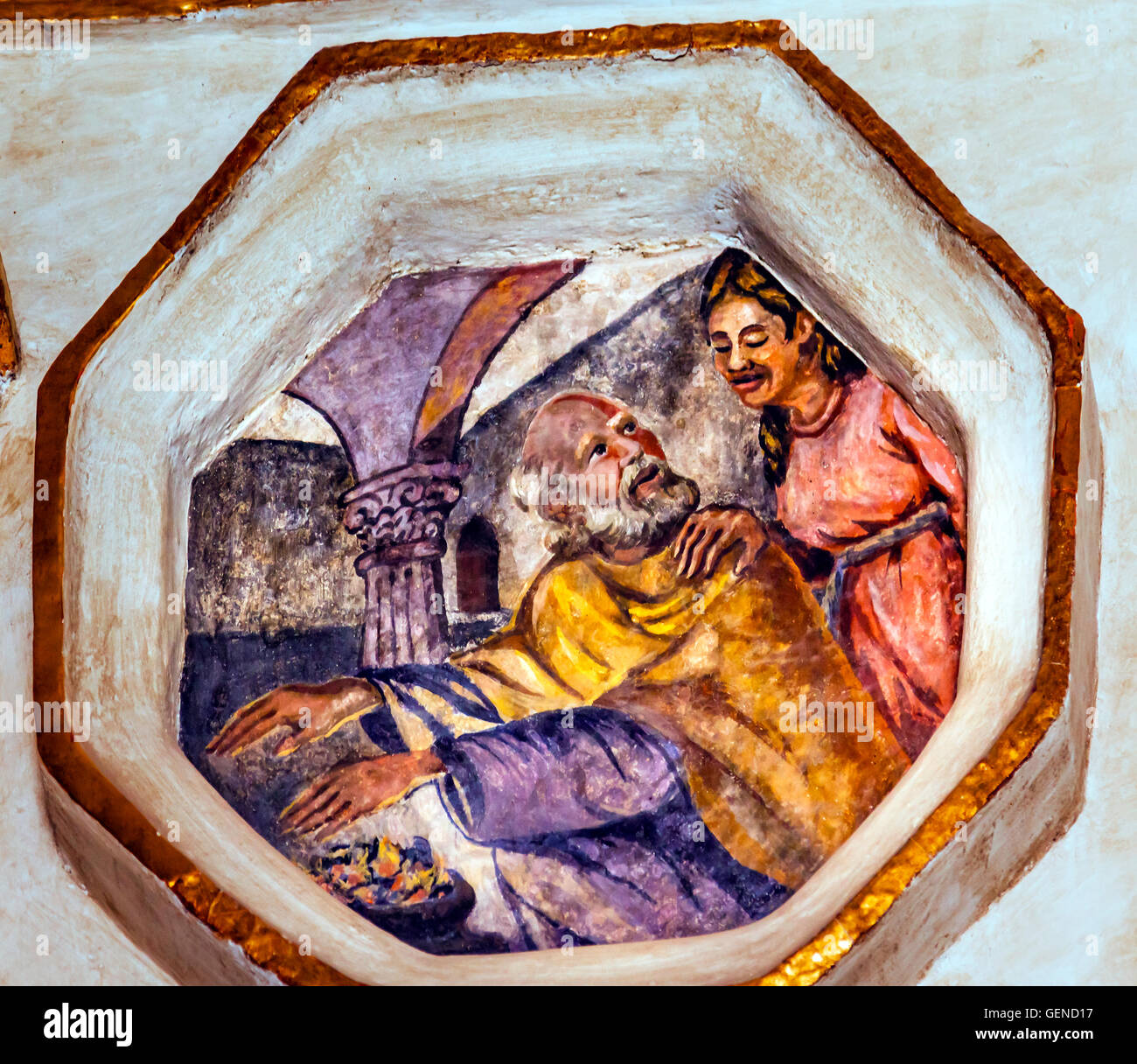 Sankt Valentin Erwärmung Hände Schutzpatron gegen Krebs Fresko Heiligtum Jesus Atotonilco Mexikos. In den 1700er Jahren gebaut Stockfoto