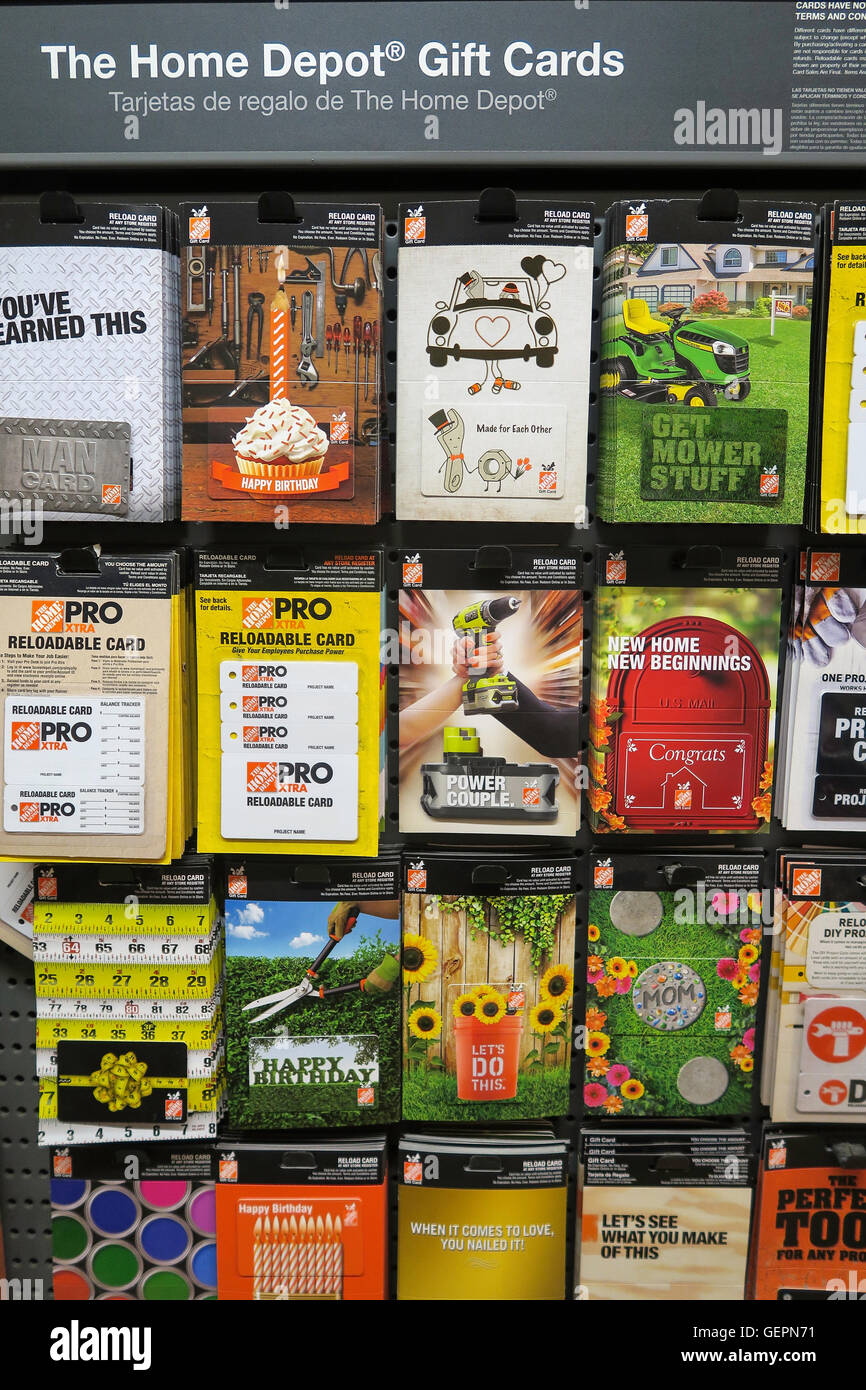 Home Depot Prepaid-Geschenk-Karten-Display, USA Stockfoto