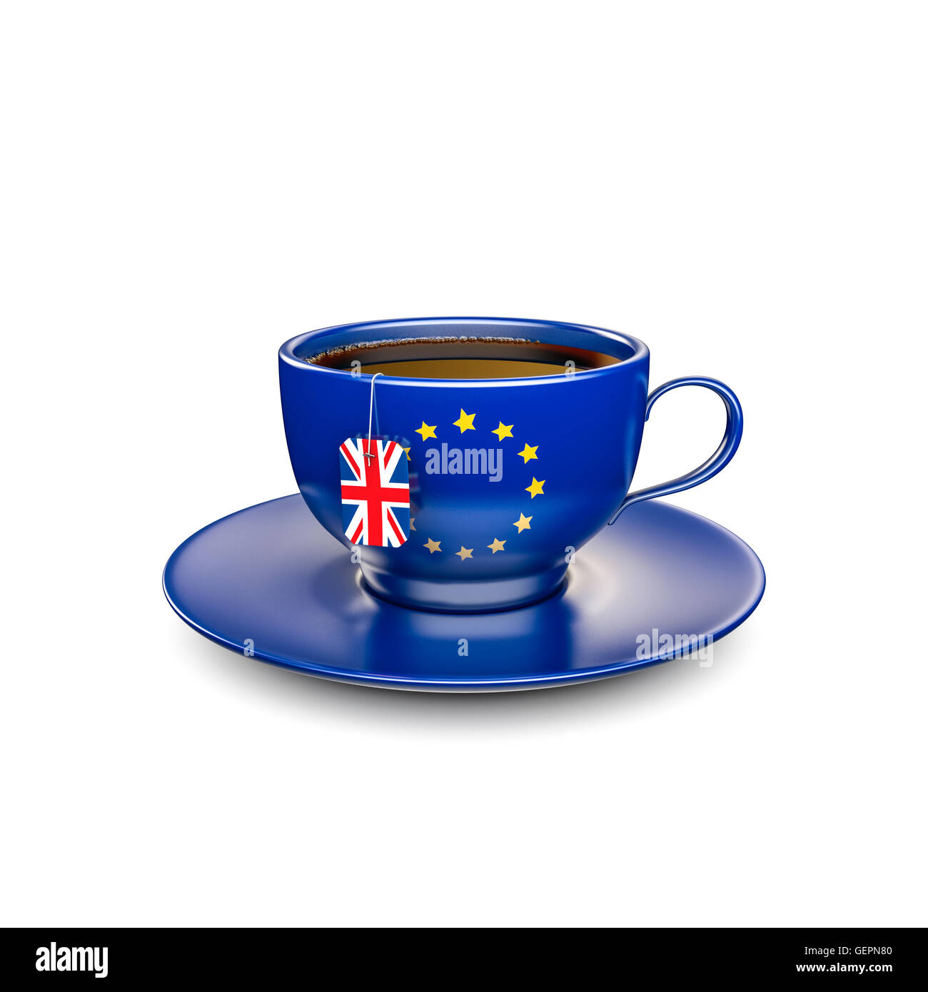 Brexit Tasse Tee / 3D Illustration der EU Teetasse mit UK Flagge Teebeutel Label Stockfoto