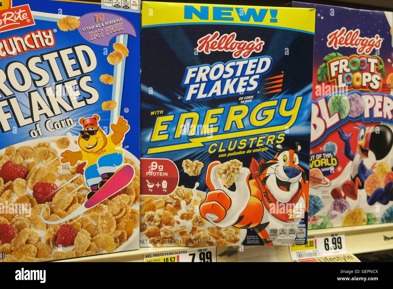 Cereal Abschnitt, Gristedes Lebensmittelgeschäft, NYC, USA Stockfoto