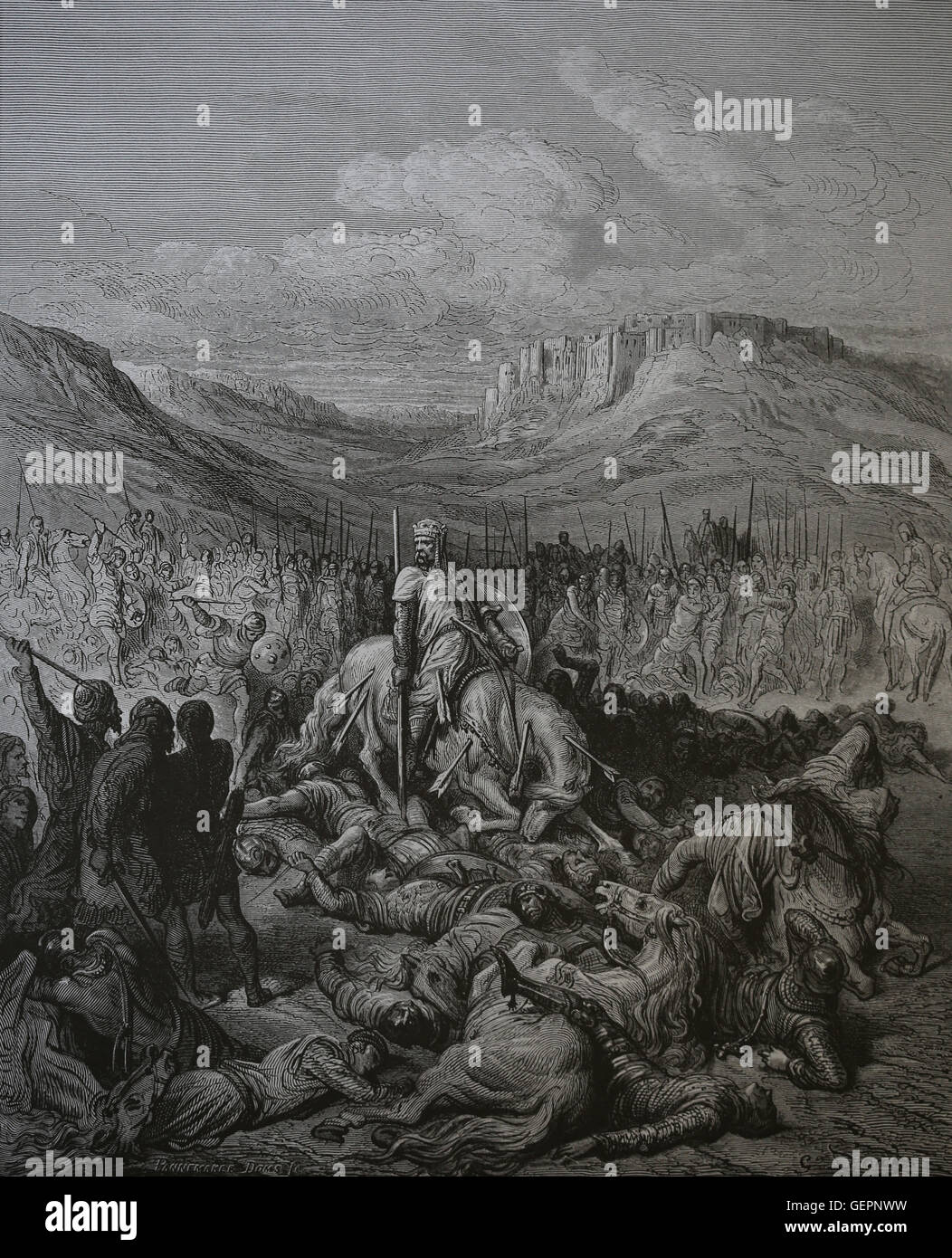 Ruhmvollen Tod von Jacques de Maille, Ritter Templer. Zweiten Kreuzzug 1146 1188. Stich von Gustave Dore, 19. Jahrhundert. Farbe. Stockfoto