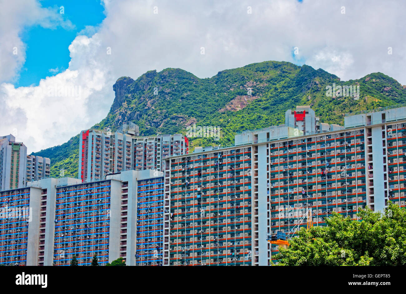 Hong Kong öffentliches gut mit Wahrzeichen Löwe Rock am Tag Stockfoto