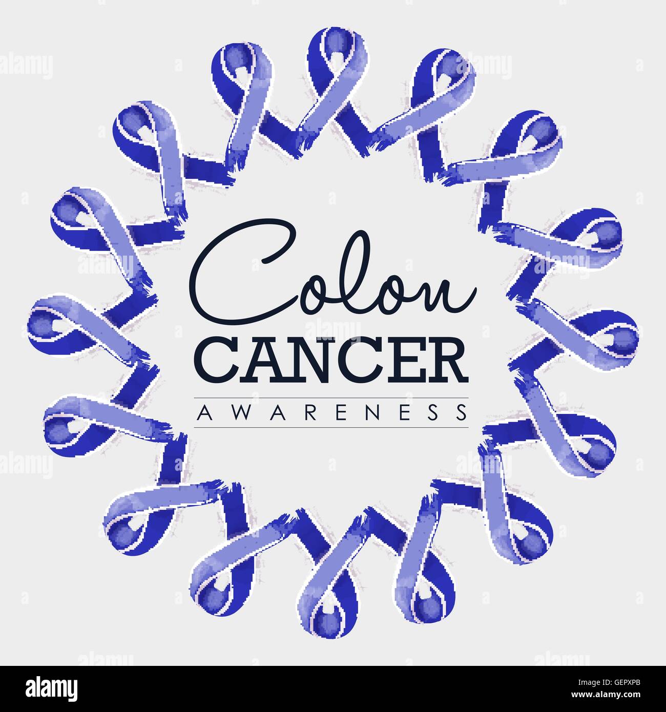 Darm Krebs Bewusstsein Typografie Design mit Mandala der blauen Hand gezeichnete Bänder gemacht. EPS10 Vektor. Stock Vektor