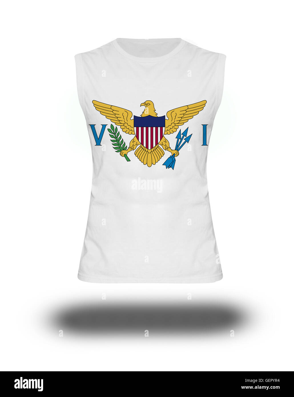 athletische ärmelloses Shirt mit Virgin Islands, US-Flagge auf weißem Hintergrund und Schatten Stockfoto