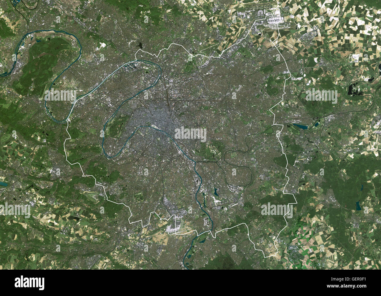 Satellitenbild (mit Rahmen) der Großraum Paris mit der Stadt Paris im ...