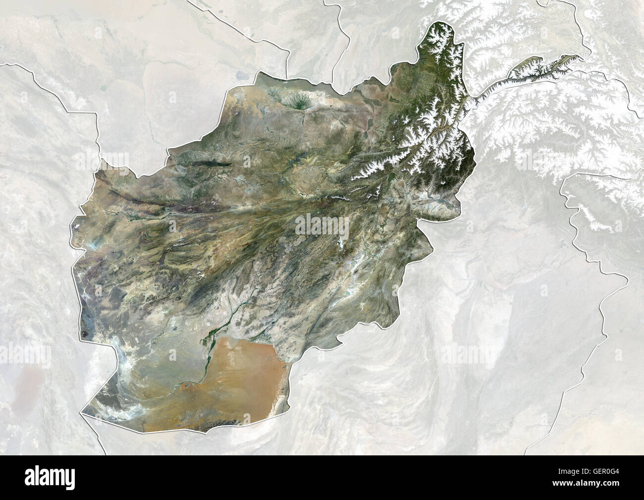 Satellitenansicht von Afghanistan (mit Ländergrenzen und Maske). Dieses Bild wurde aus Daten, die per Satellit Landsat 8 im Jahr 2014 zusammengestellt. Stockfoto