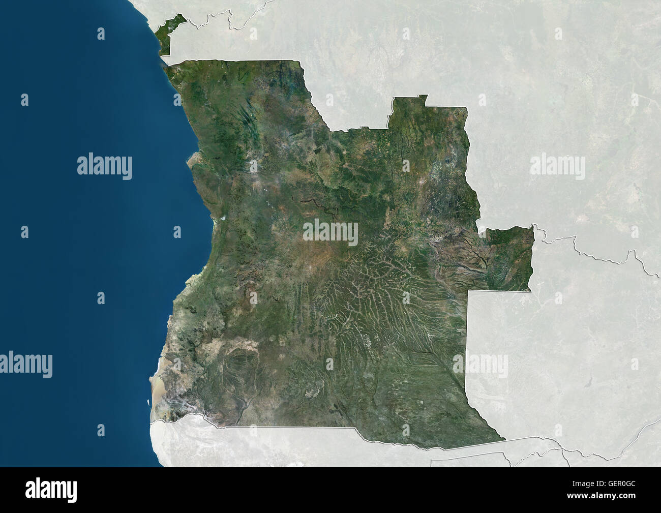 Satellitenansicht von Angola (mit Ländergrenzen). Dieses Bild wurde aus Daten von Landsat-Satelliten erworben erstellt. Stockfoto