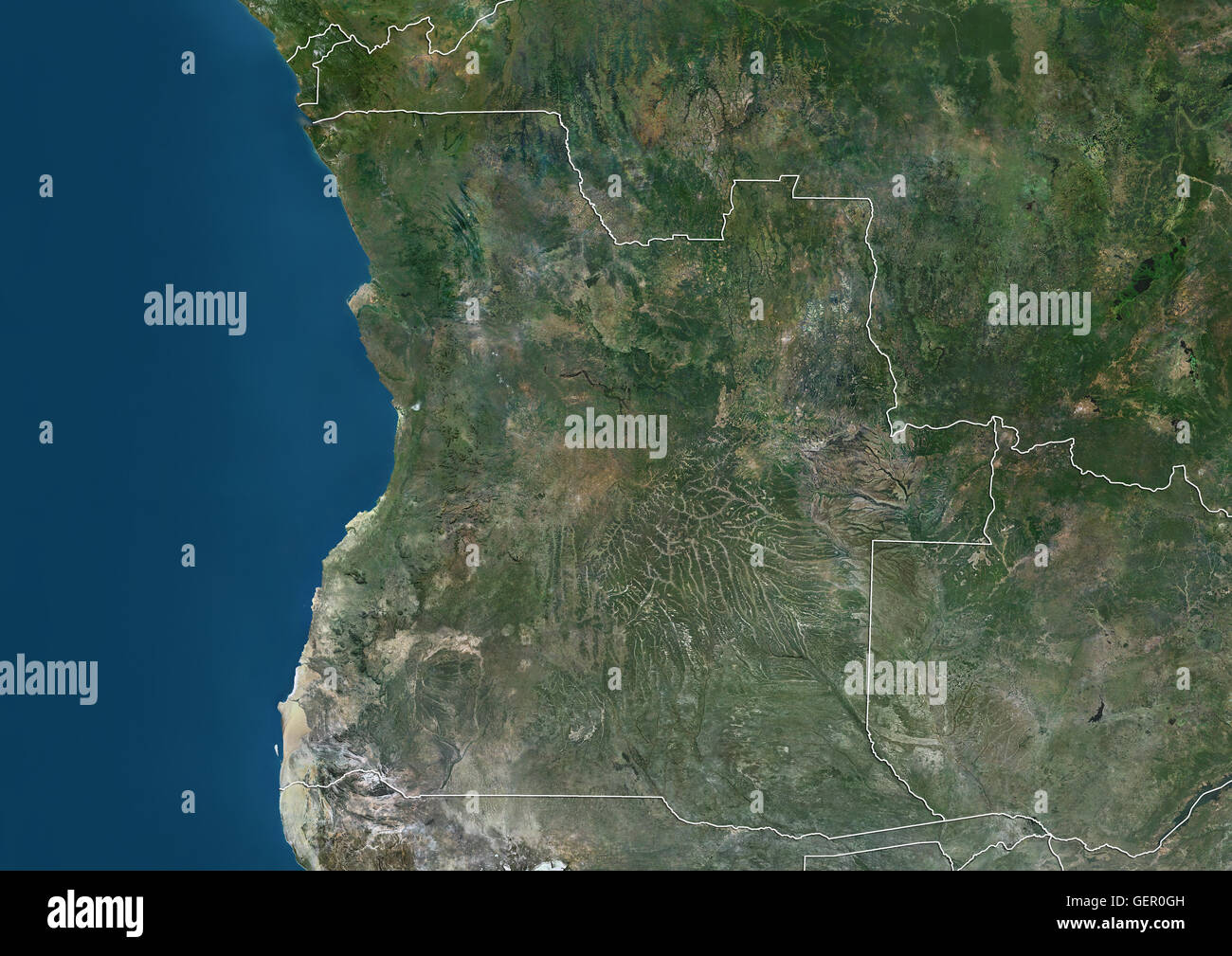 Satellitenansicht von Angola (mit Ländergrenzen). Dieses Bild wurde aus Daten von Landsat-Satelliten erworben erstellt. Stockfoto