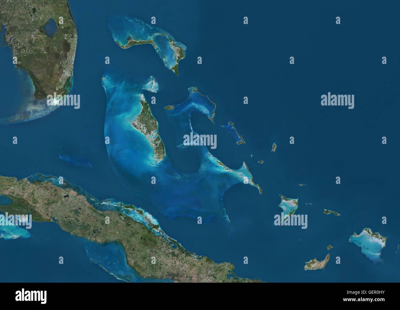 Satelliten-Ansicht der Bahamas. Es besteht aus mehr als 700 Inseln, Inselchen und Inseln im Atlantischen Ozean nördlich von Kuba und südöstlich von der US-Bundesstaat Florida. Die Hauptstadt ist Nassau auf der Insel New Providence. Dieses Bild wurde aus Daten Ac zusammengestellt. Stockfoto