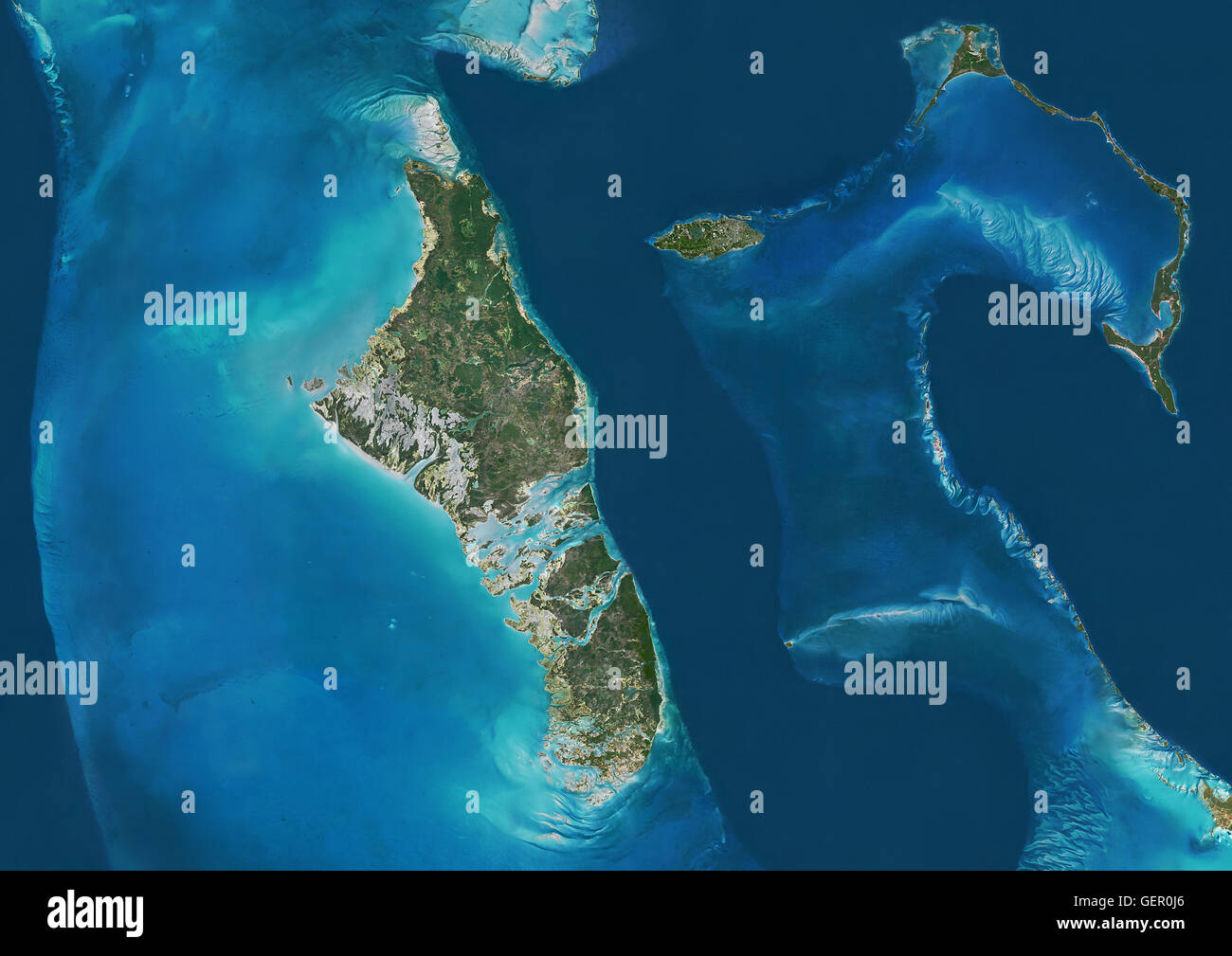 Satellitenansicht von Andros, New Providence und Eleuthera Inseln