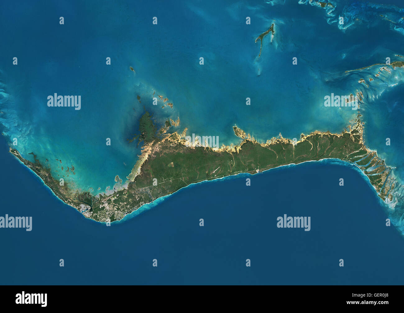 Satellitenansicht von Grand Bahama, Bahamas. Dieses Bild wurde aus Daten von Landsat-Satelliten erworben erstellt. Stockfoto