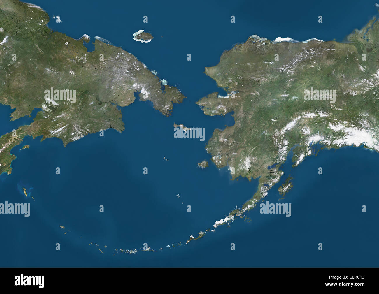 Satellitenbild der Beringstraße verbindet die Pazifik und arktischen Ozean zwischen Russland und den Vereinigten Staaten. Dieses Bild wurde aus Daten von Landsat-Satelliten erworben erstellt. Stockfoto