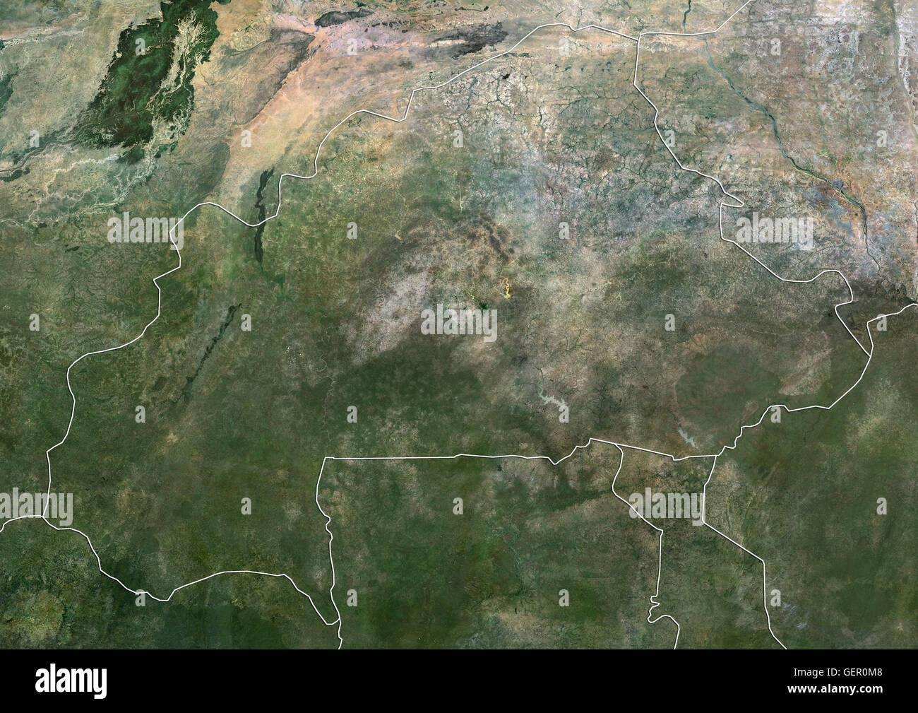 Satellitenansicht von Burkina Faso (mit Ländergrenzen). Dieses Bild wurde aus Daten von Landsat-Satelliten erworben erstellt. Stockfoto