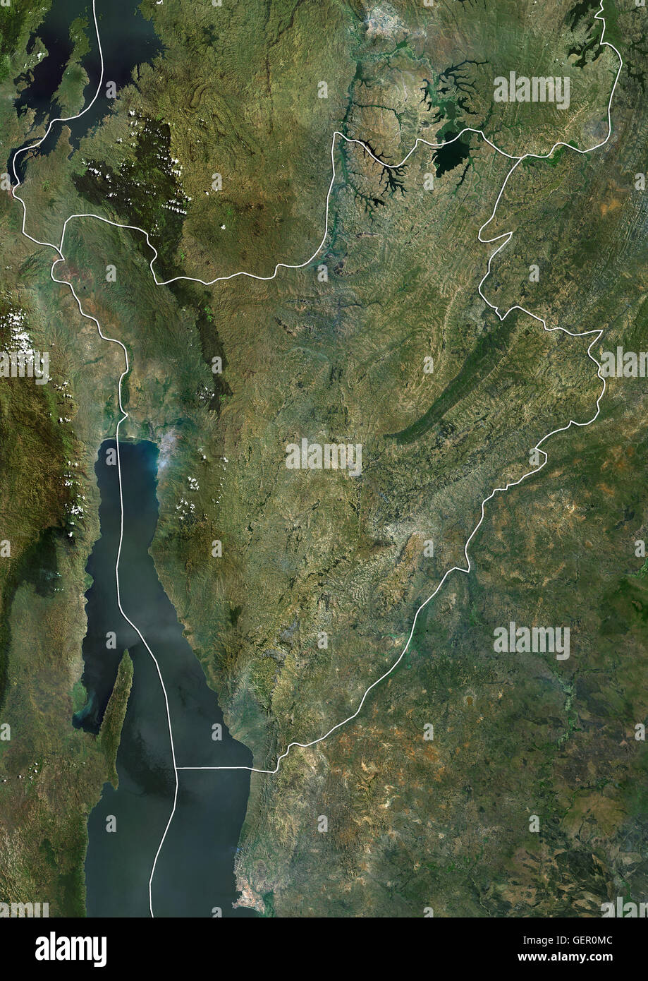 Satellitenansicht von Burundi (mit Ländergrenzen). Dieses Bild wurde aus Daten von Landsat-Satelliten erworben erstellt. Stockfoto