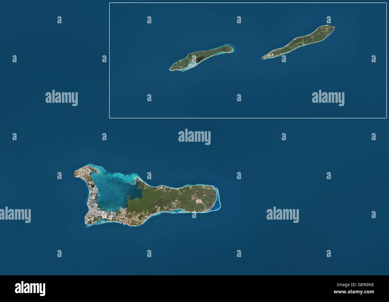 Satellitenansicht von Cayman-Inseln. Dieses Bild wurde aus Daten von Landsat-Satelliten erworben erstellt. Stockfoto