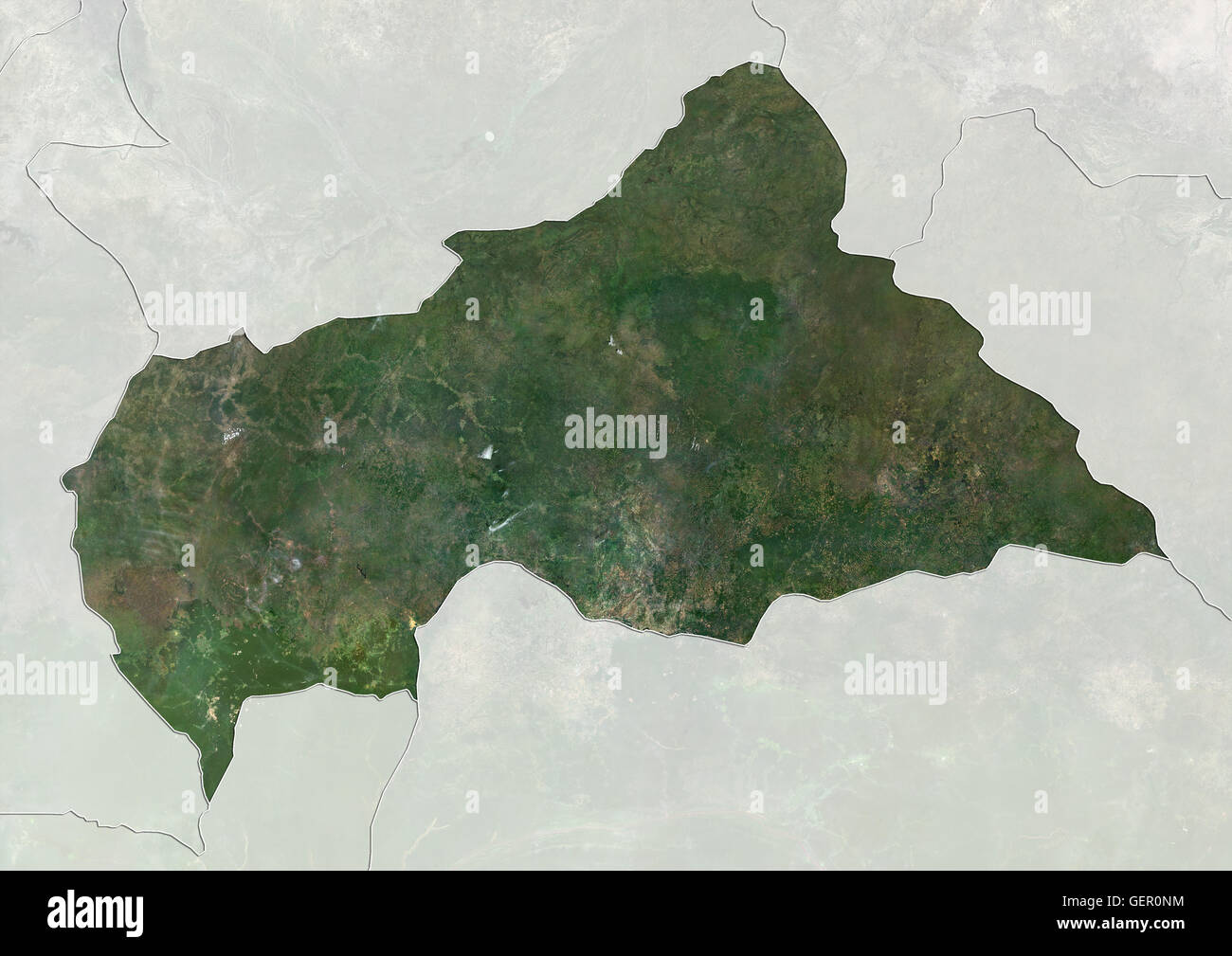 Satellitenansicht der Zentralafrikanischen Republik (mit Ländergrenzen und Maske). Dieses Bild wurde aus Daten von Landsat-Satelliten erworben erstellt. Stockfoto