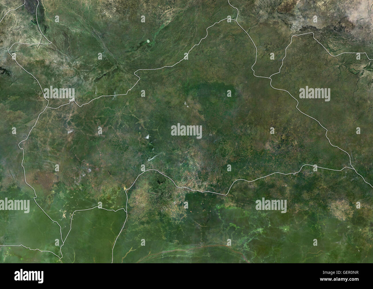 Satellitenansicht der Zentralafrikanischen Republik (mit Ländergrenzen). Dieses Bild wurde aus Daten von Landsat-Satelliten erworben erstellt. Stockfoto
