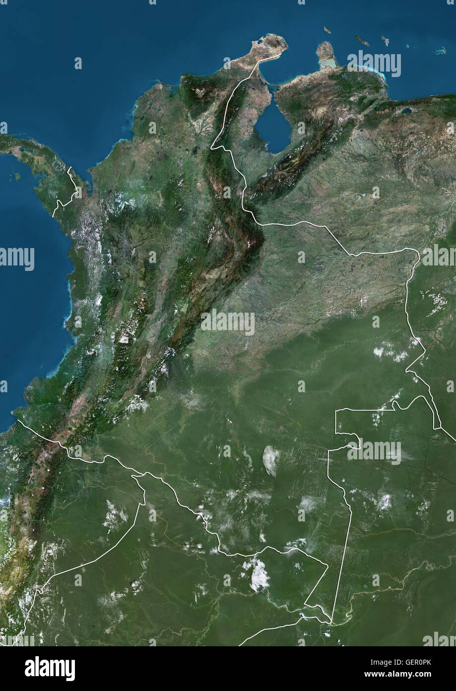 Satellitenansicht von Kolumbien (mit Ländergrenzen). Dieses Bild wurde aus Daten von Landsat-Satelliten erworben erstellt. Stockfoto
