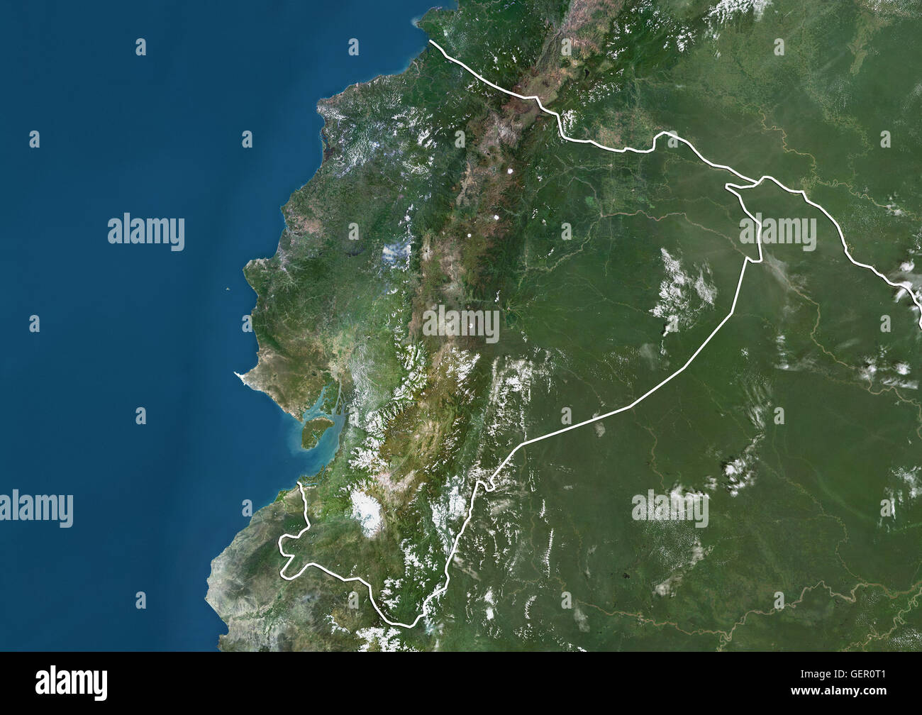 Satellitenansicht von Ecuador (mit Ländergrenzen). Dieses Bild wurde aus Daten von Landsat-Satelliten erworben erstellt. Stockfoto