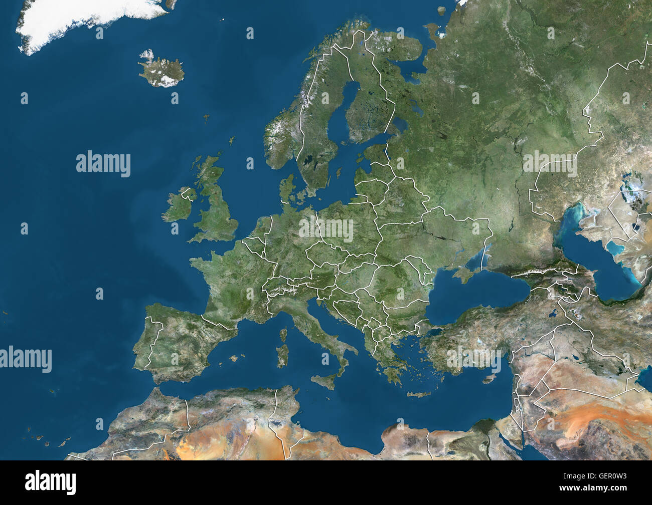 Satellitenbild von Europa (mit Ländergrenzen). Dieses Bild wurde aus