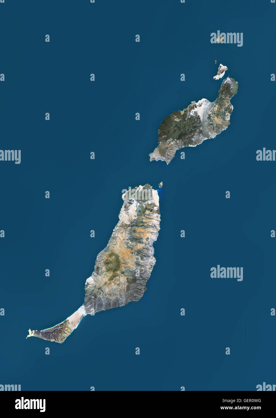 Satellitenansicht von Fuerteventura und Lanzarote, Kanarische Inseln, Spanien. Dieses Bild wurde aus Daten, die per Satellit Landsat 8 im Jahr 2014 zusammengestellt. Stockfoto