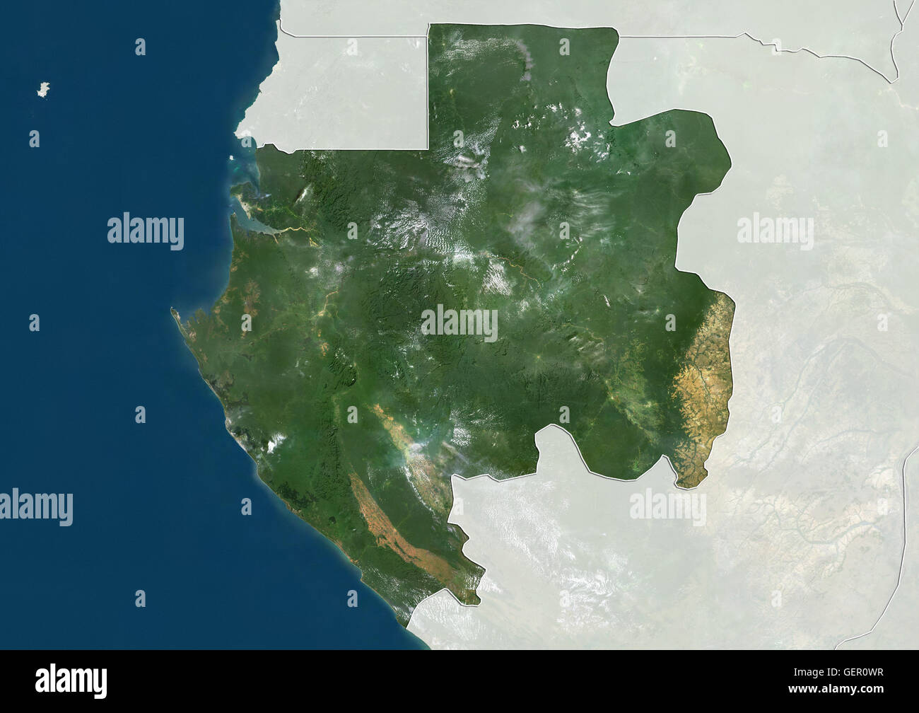 Satellitenansicht von Gabun (mit Ländergrenzen und Maske). Dieses Bild wurde aus Daten von Landsat-Satelliten erworben erstellt. Stockfoto