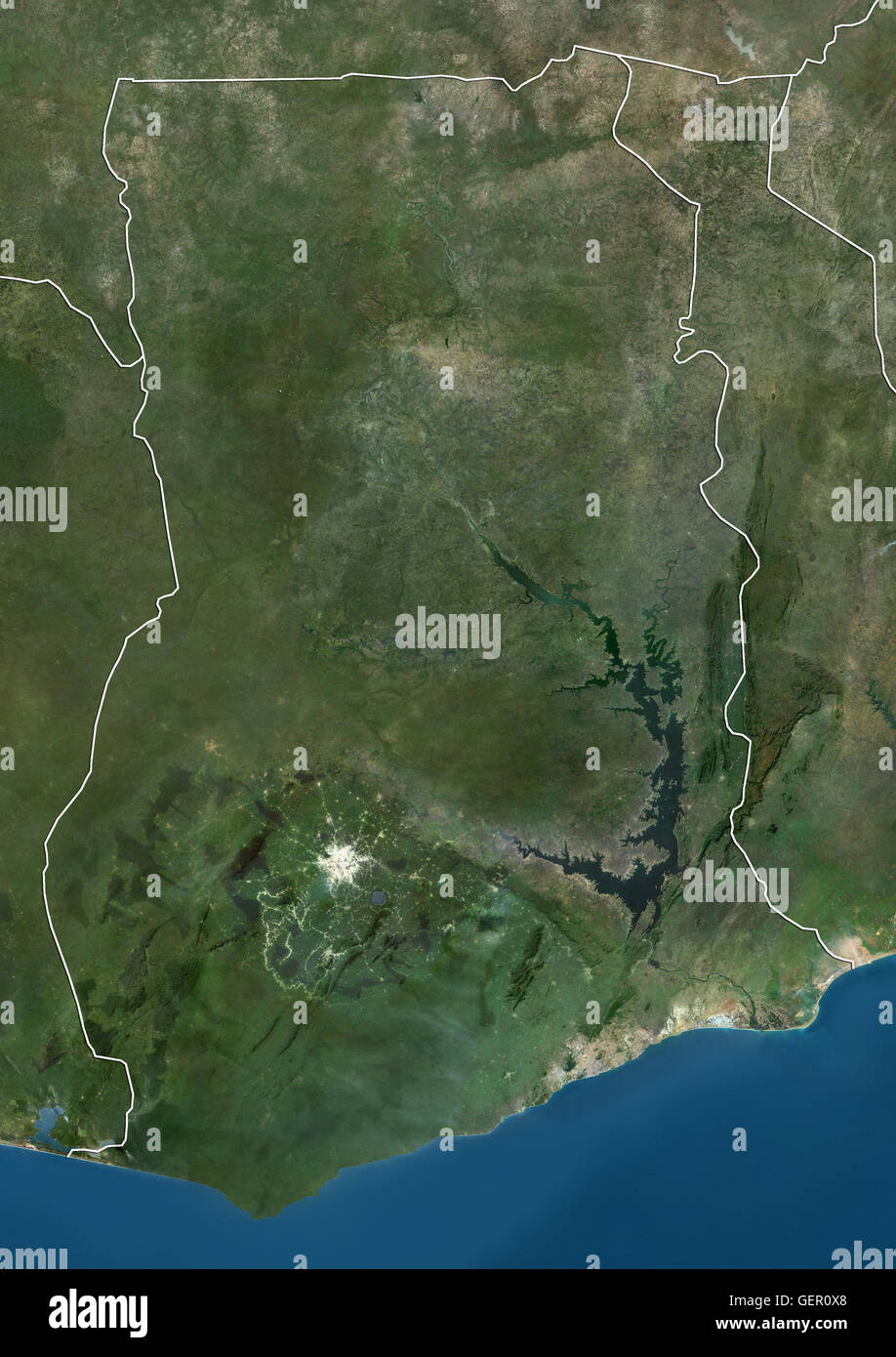Satellitenansicht von Ghana (mit Ländergrenzen). Dieses Bild wurde aus Daten von Landsat-Satelliten erworben erstellt. Stockfoto