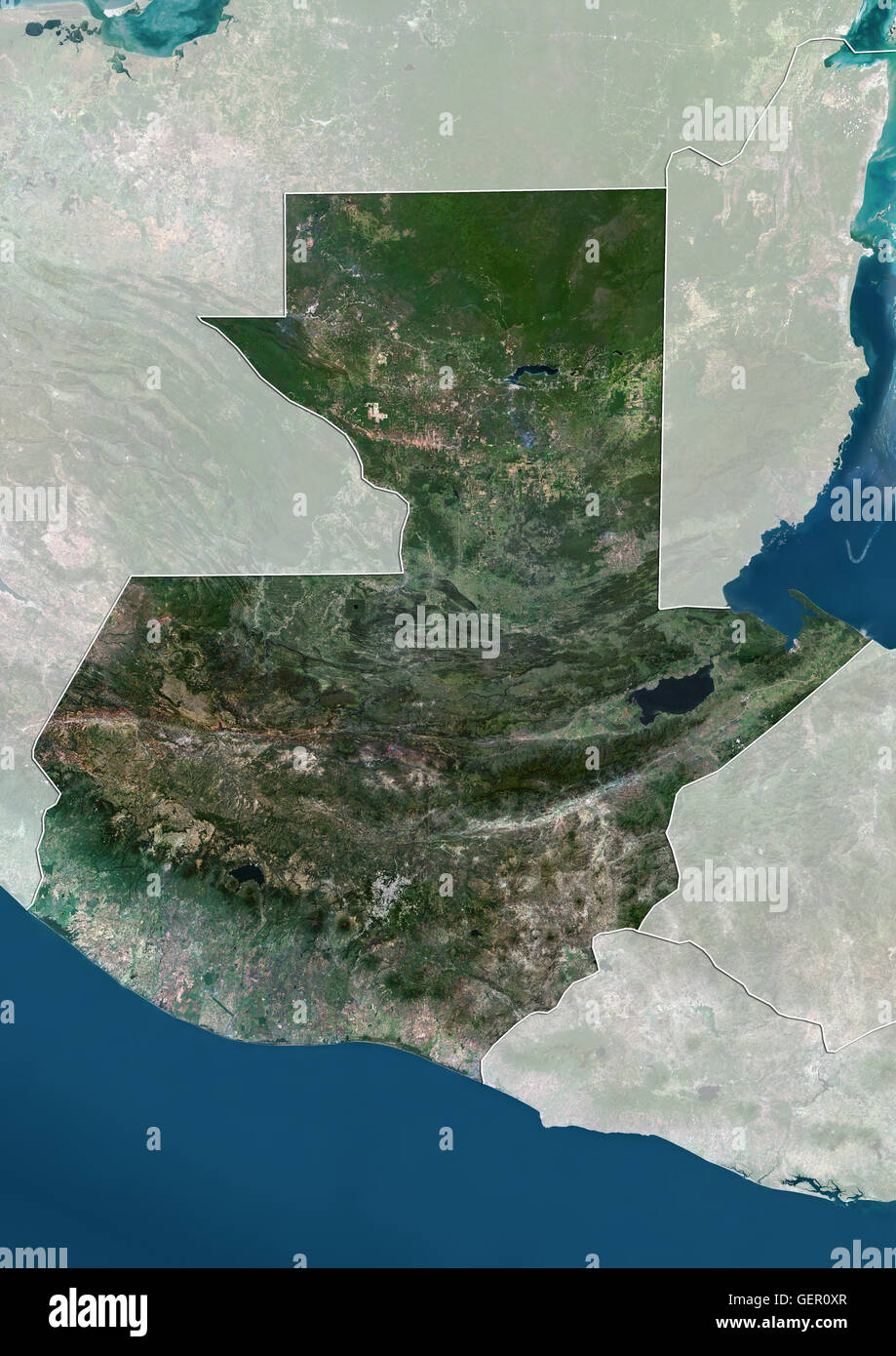 Satellitenansicht von Guatemala (mit Ländergrenzen und Maske). Dieses Bild wurde aus Daten von Landsat-Satelliten erworben erstellt. Stockfoto