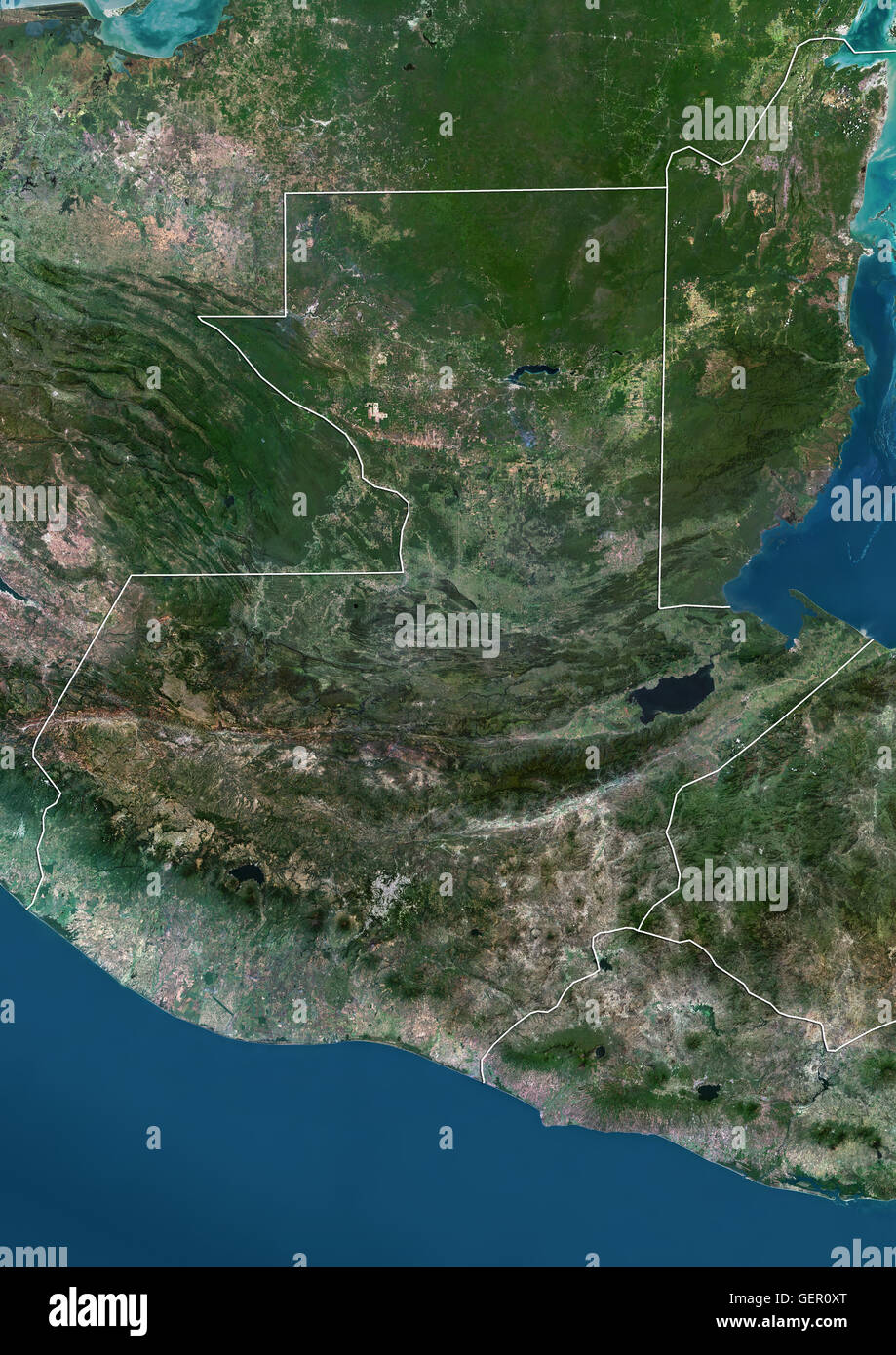 Satellitenansicht von Guatemala (mit Ländergrenzen). Dieses Bild wurde aus Daten von Landsat-Satelliten erworben erstellt. Stockfoto