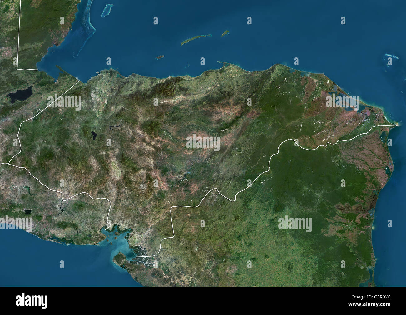 Satellitenansicht von Honduras (mit Ländergrenzen). Dieses Bild wurde aus Daten von Landsat-Satelliten erworben erstellt. Stockfoto