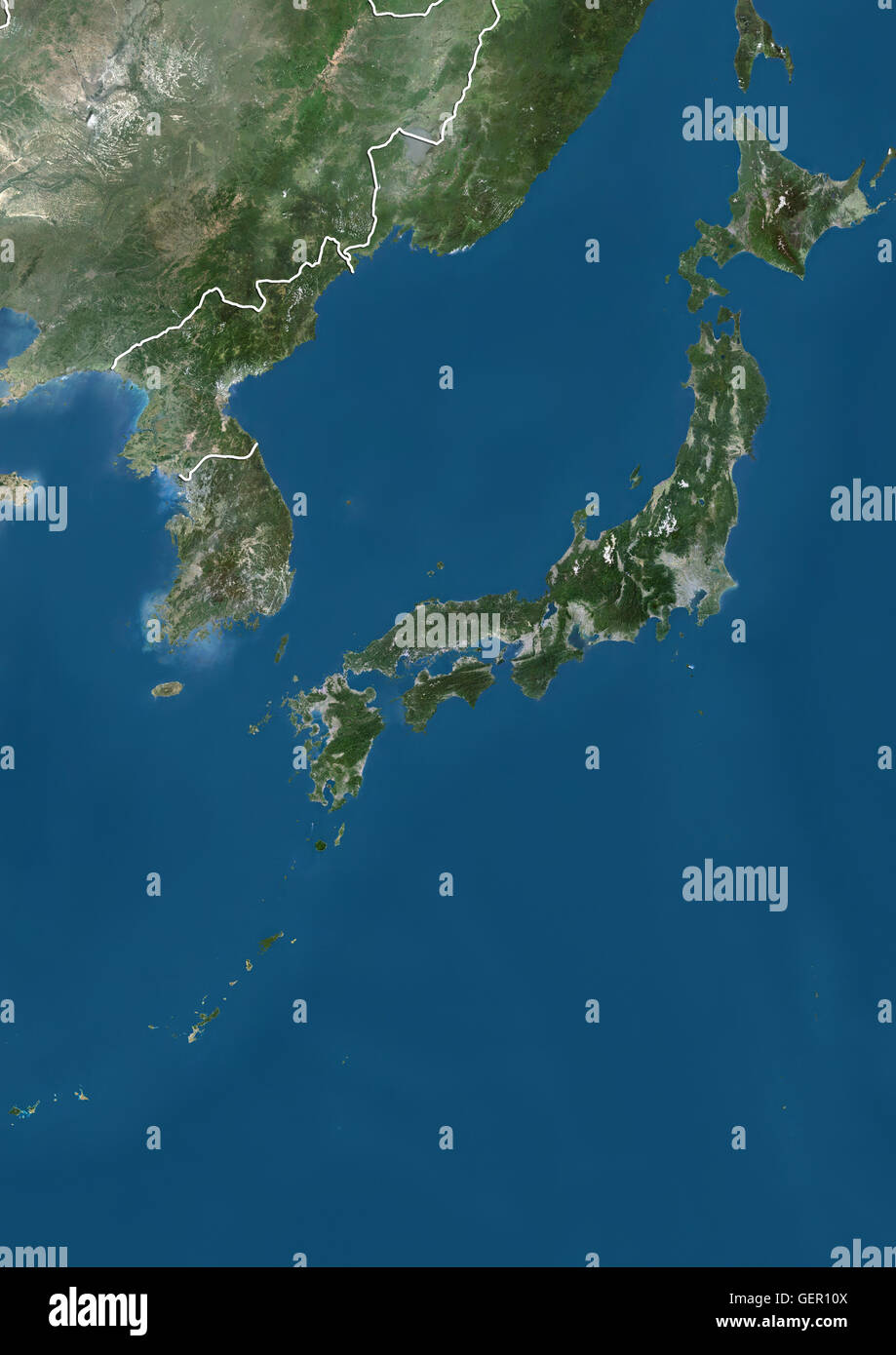 Satellitenansicht von Japan, Südkorea und Nordkorea (mit Ländergrenzen). Dieses Bild wurde aus Daten von Landsat-Satelliten erworben erstellt. Stockfoto